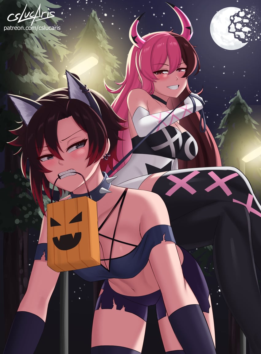 2girls, alternate costume, angry, annoyed expression, bag, black hair, breasts, captured, choker, collar, colored, crop top, cslucaris, earrings, fake animal ears, fake horns, female, female only, forest, gloves, grin, grinning, halloween, hellaverse, helluva boss, horns, leash, leash pull, loona (cosplay), midriff, moon, multicolored hair, neo (rwby), night, night sky, petplay, pink eyes, rooster teeth, ruby rose, rwby, shorts, silver eyes, sitting, sitting on person, spiked collar, street light, tagme, trick or treat bag, verosika (cosplay), verosika mayday (cosplay), viz media, wolf ears
