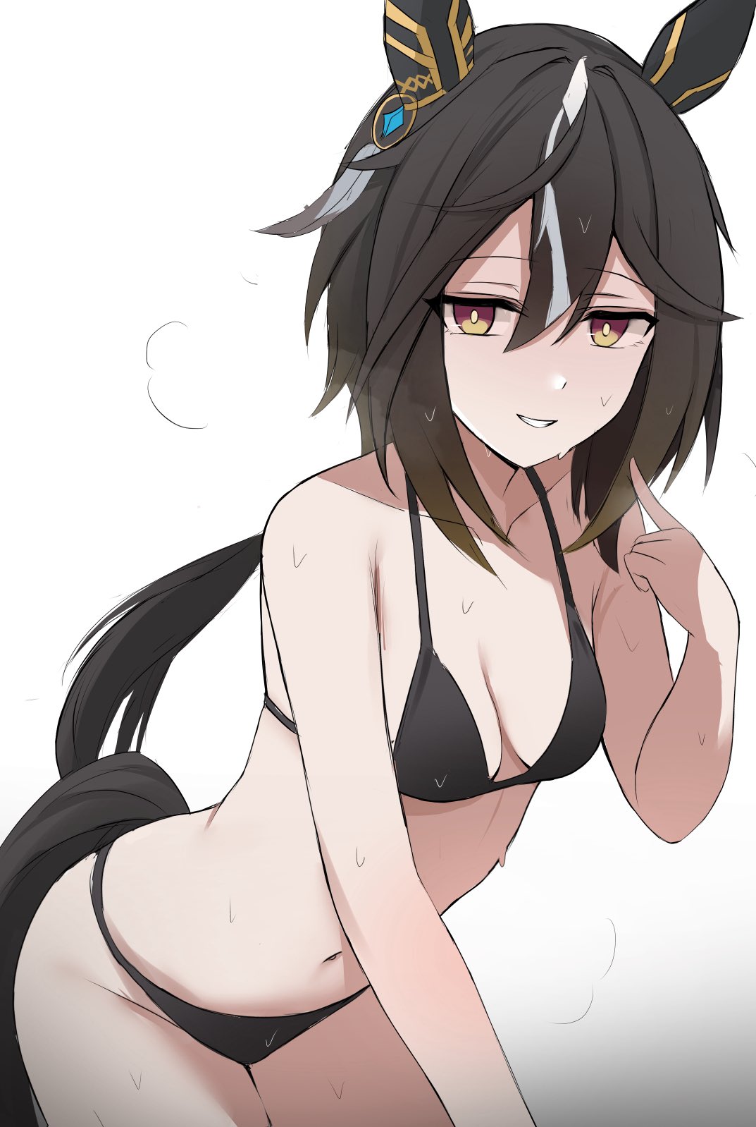 2d, animal tail, female, female only, horse ears, horse girl, inviting, looking at viewer, namikare, pointing, stay gold (umamusume), sweating, umamusume, umamusume pretty derby, underwear, underwear only