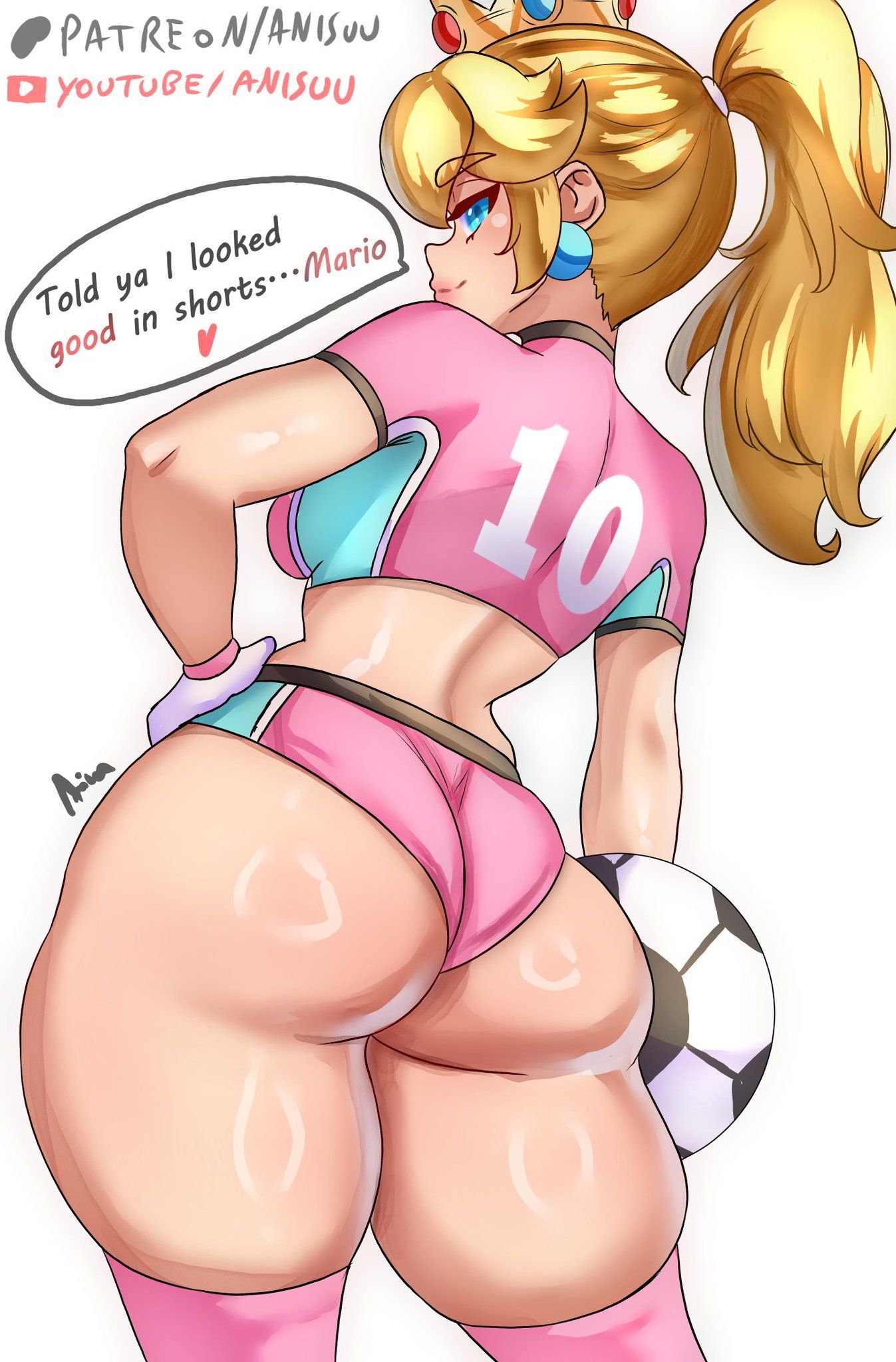anisdrawn, ass hanging out, ass hanging out of shorts, ass visible through clothes, ass visible through thighs, booty shorts, half-dressed, huge ass, mario (series), mario bros, mario strikers, princess peach, short shorts, shorts, solo, solo female, solo focus, super mario bros., thick ass, thick thighs, tight clothing, tight fit