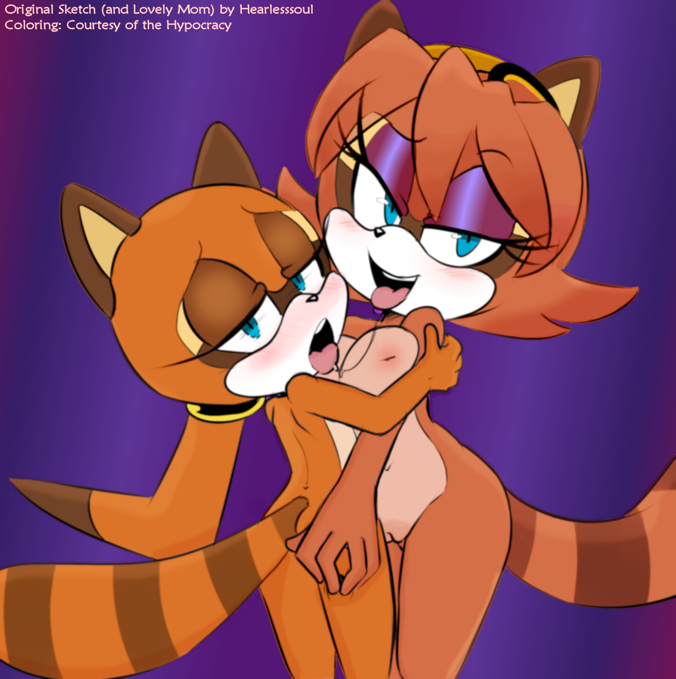 2017, age difference, anthro, ass, ass grab, bedroom eyes, blue eyes, blush, breasts, butt grab, colored edit, colorized, da hypocrat, dark background, daughter, duo, edit, embrace, eyelashes, female, groping ass, half-closed eyes, hand on ass, hand on butt, hearlesssoul, hi res, incest, looking at viewer, looking back, loving gaze, marine the raccoon, mature female, mother, mother and daughter, naval the raccoon, nipples, nude, open mouth, open smile, orange fur, parent, portrait, pussy, raccoon, red fur, ringtail, saliva, saliva string, seductive, sega, smile, sonic (series), sonic team, spot color, tail, teeth, three-quarter portrait, tongue, tongue out, wide hips, yuri