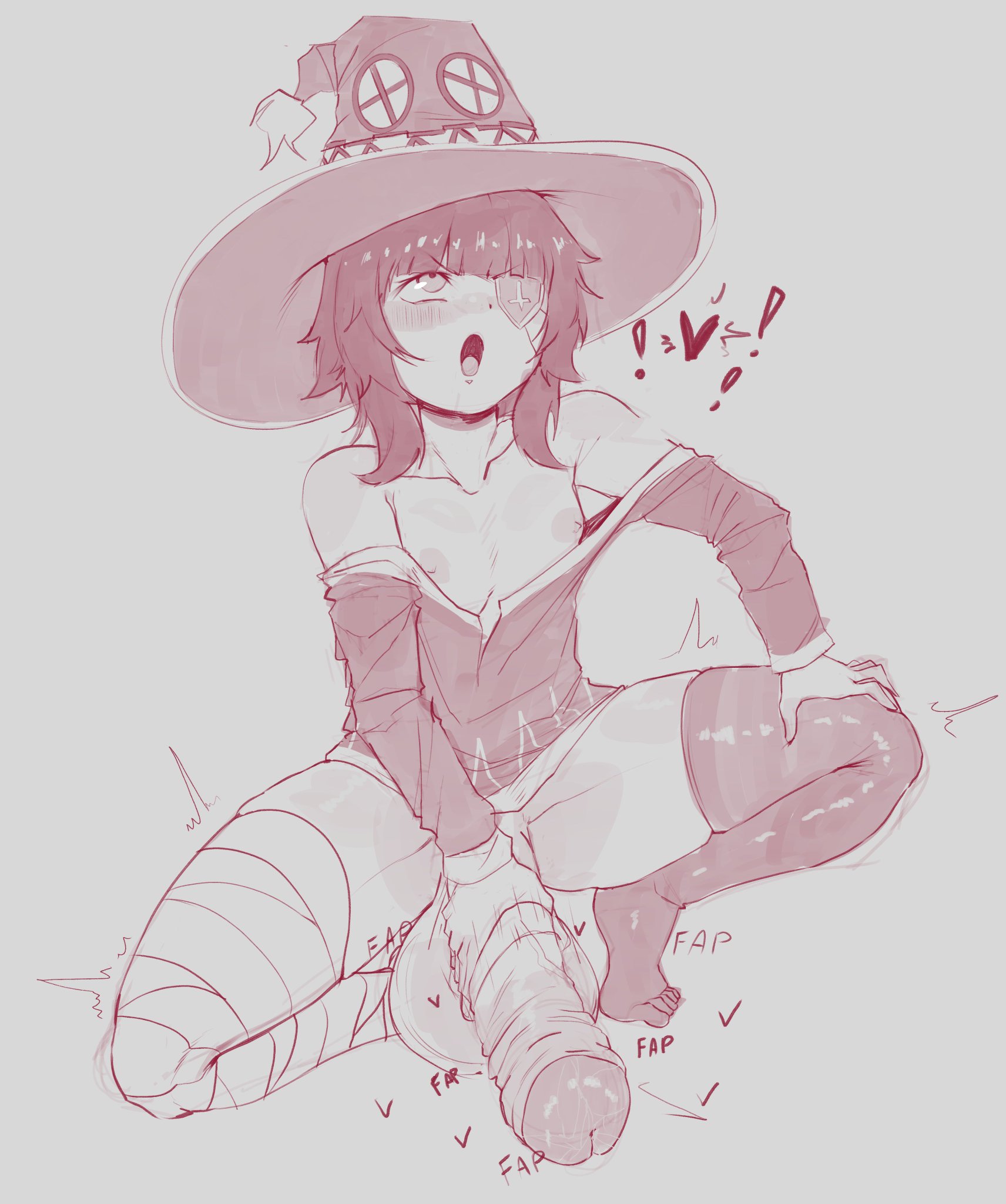 !, 2026, ahegao, blushing, futanari, imminent cum, imminent orgasm, kono subarashii sekai ni shukufuku wo!, kyokeer, megumin, onomatopoeia, sketch, small breasts, solo, solo futa, witch hat