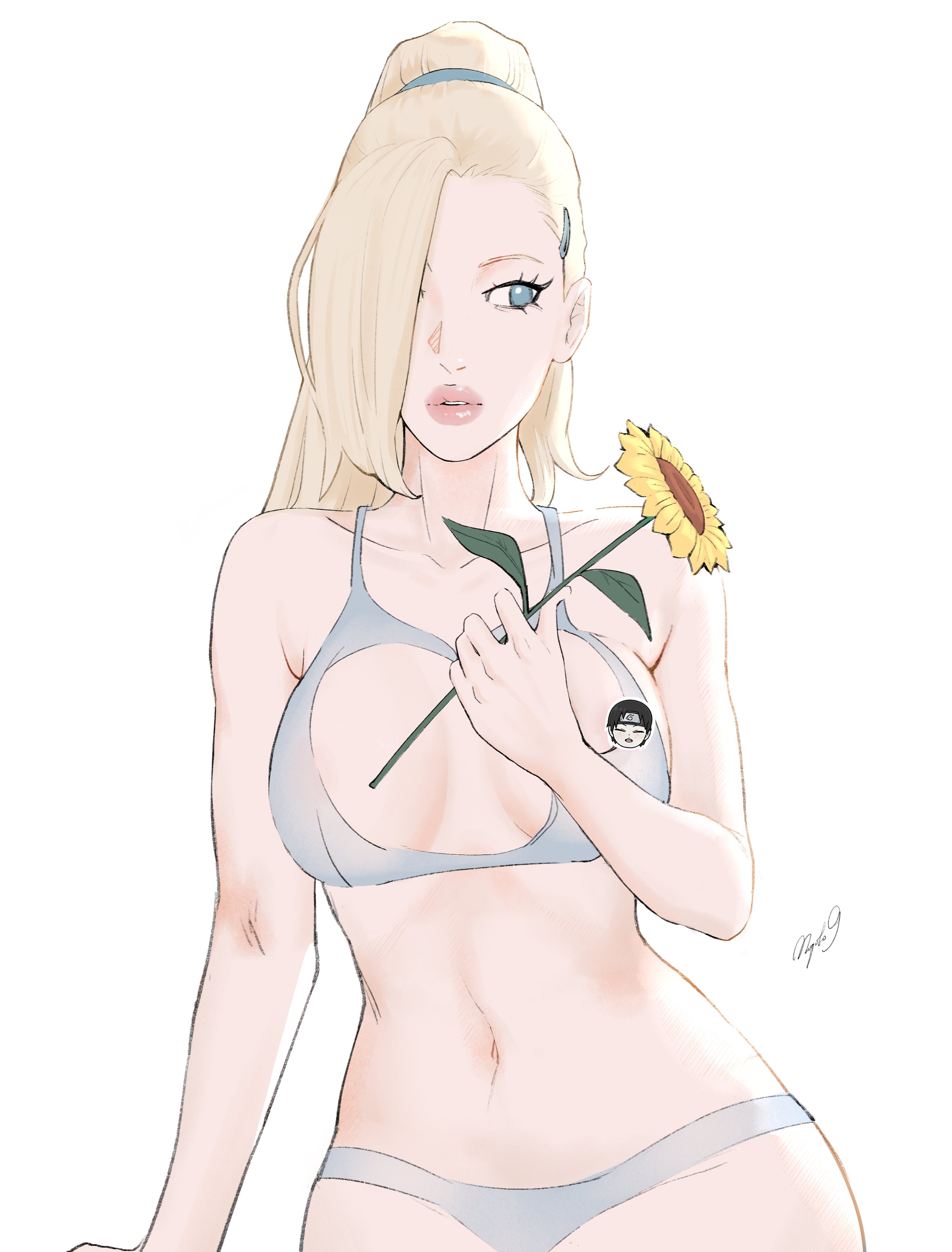 1boy, 1boy1girl, 1girls, absurd res, absurd resolution, absurdres, bare arms, bare shoulders, bare thighs, belly button, black hair, blonde hair, blue bra, blue eyes, blue lingerie, blue panties, blue underwear, blush, boruto: naruto next generations, bra, canon couple, chibi, cleavage, cleavage cutout, closed eyes, couple, eyelashes, female, female focus, flower, flower in hand, forehead protector, hair over one eye, hair ribbon, hairclip, headband, hi res, high resolution, highres, hips, husband and wife, ino yamanaka, konohagakure symbol, light skin, light-skinned female, lingerie, lips, lipstick, makeup, male, male pov, male/female, married couple, mature, mature female, mature woman, medium breasts, milf, miqoto9, naruto, naruto (series), naruto shippuden, open mouth, pale skin, pale-skinned female, panties, parted lips, pink lips, pink lipstick, pinup, ponytail, pose, posing, pov, puckered lips, ribbon, sai, shonen jump, shounen jump, shueisha, smile, smiling, standing, straight, sunflower, underwear, very high resolution, weekly shonen jump, weekly shounen jump, white background, white skin, wide hips, yamanaka ino, yellow hair