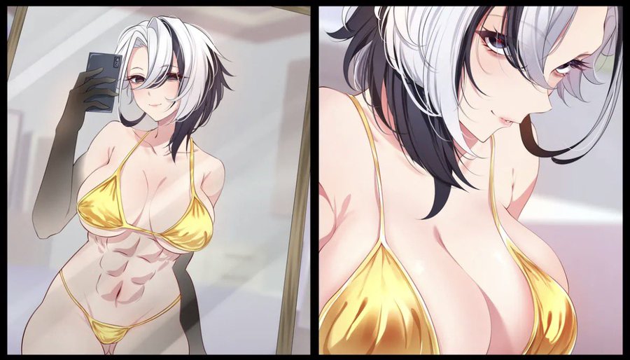 abs, arlecchino (genshin impact), arm markings, ass visible through thighs, big breasts, bikini, black hair, busty male, curvy female, genshin impact, juicy lips, midori 13579, muscular female, phone, selfie, short hair, white hair, wide hips