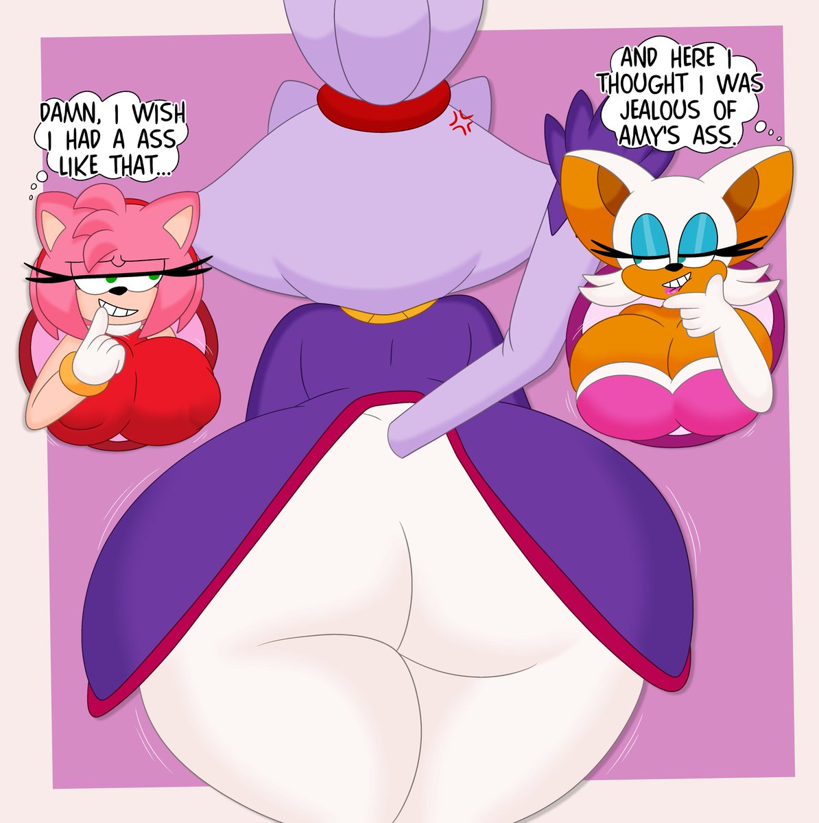 3barts, 3girls, amy rose, ass, ass envy, bat, big ass, big breasts, big thighs, blaze the cat, breasts, english text, feline, female, hedgehog, nipples, nipples visible through clothing, rouge the bat, sonic (series), text, thick thighs, thighs, thought bubble, wide hips