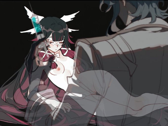 alternate version available, bangs, belly, black hair, blue hair, columbina (genshin impact), dottore (genshin impact), flat chest, fully nude, genshin impact, legs, long hair, male/female, petite female, pink hair, pink nipples, pussy, scientist, small breasts, syringe