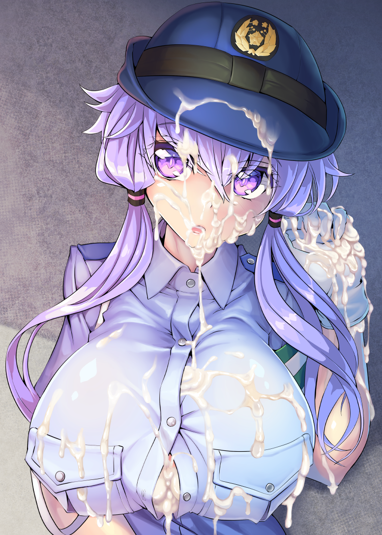 :o after_paizuri alternate_breast_size bangs blue_hat blue_shirt blush breast_pocket breasts bukkake button_gap buttons colored_eyelashes commentary_request cum cum_on_body cum_on_breasts cum_on_clothes cum_on_hair cum_on_upper_body emblem facial female gloves hair_between_eyes hand_up hat huge_breasts long_hair looking_at_viewer low_twintails ninopal open_mouth pocket police police_uniform policewoman purple_eyes purple_hair shiny shiny_hair shirt short_sleeves twintails uniform upper_body vocaloid voiceroid white_gloves wing_collar yuzuki_yukari