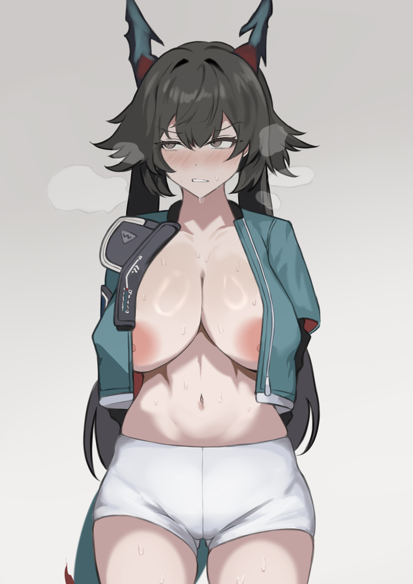 2d, annoyed, annoyed expression, annoyed face, arknights: endfield, artist request, big breasts, blushing, breasts, chen qianyu (arknights: endfield), female, female only, horns, looking back, nipples, sweating, visible nipples