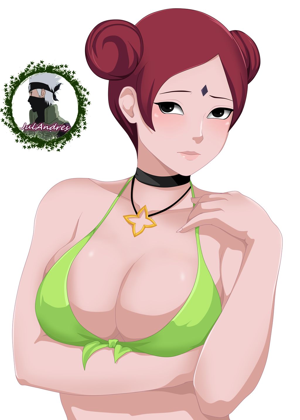 1girls arm_under_breasts big_breasts bikini black_eyes blush breasts choker cleavage double_bun facial_mark female female_only forehead_jewel forehead_mark fully_clothed green_bikini lipstick looking_at_viewer makeup naruto naruto_(series) naruto_shippuden necklace red_hair solo swimsuit tied_hair uliyalsa upper_body uzumaki_mito white_background