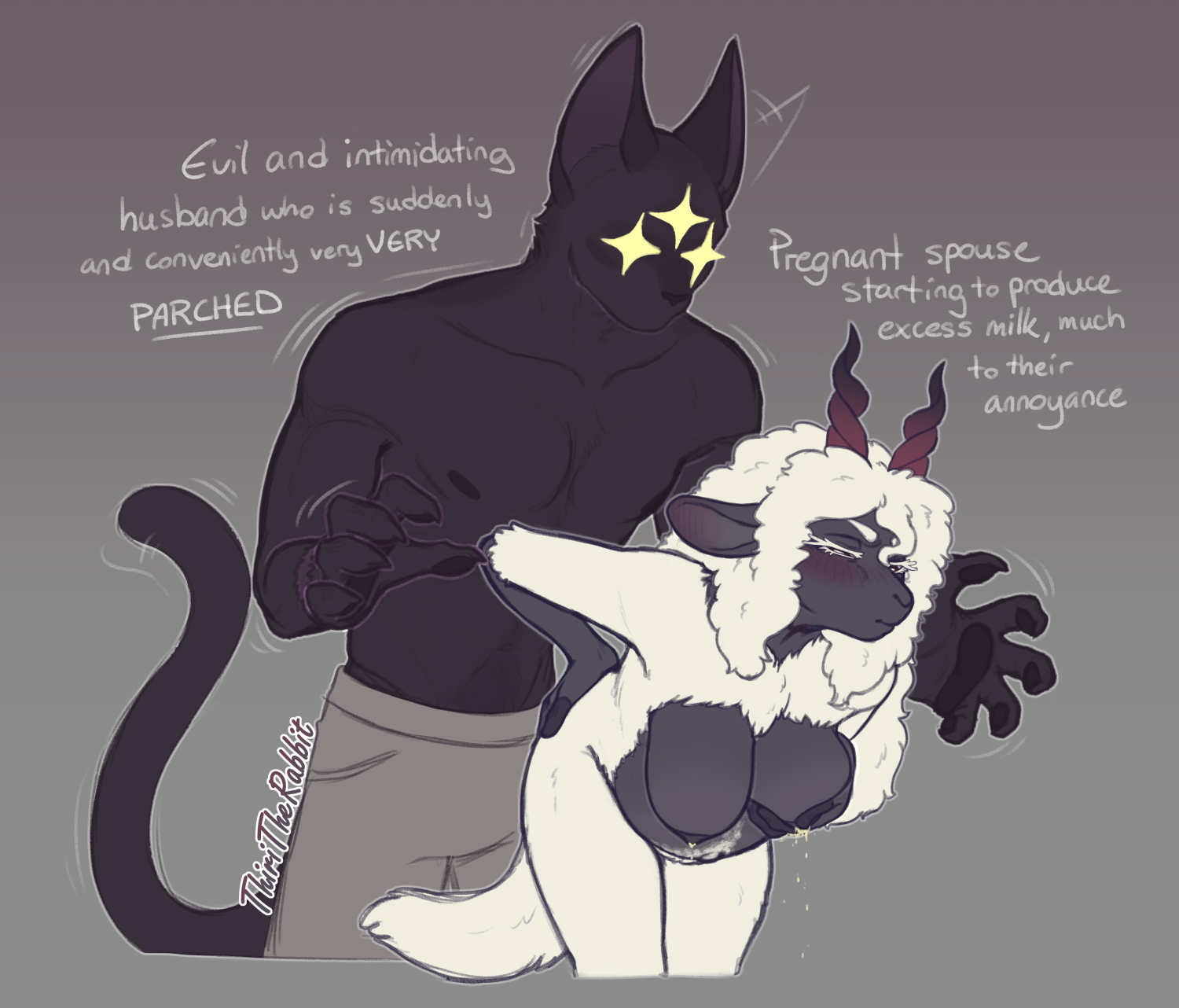 3 eyes, anthro, areola, black body, black fur, black nose, blush, blush lines, bodily fluids, body hair, bottomwear, bovid, breast squish, breasts, caprine, claws, clothed, clothing, cult of the lamb, demigirl (lore), digital drawing (artwork), digital media (artwork), domestic cat, duo, ear twitch, eyelashes, felid, feline, felis, female, fur, hair, hand on hip, happy trail, hi res, horn, lactating, lamb (cult of the lamb), leaning, leaning forward, long hair, long tail, looming over, male, male/female, mammal, massive monster (studio), milk, mischievous, multi eye, narinder, nipples, nonbinary (lore), pants, pawpads, pouting, pregnant, pregnant female, scar, sheep, spiral horn, squish, star oculama, tail, thiritherabbit, topless, white body, white eyelashes, wool (fur), wool hair