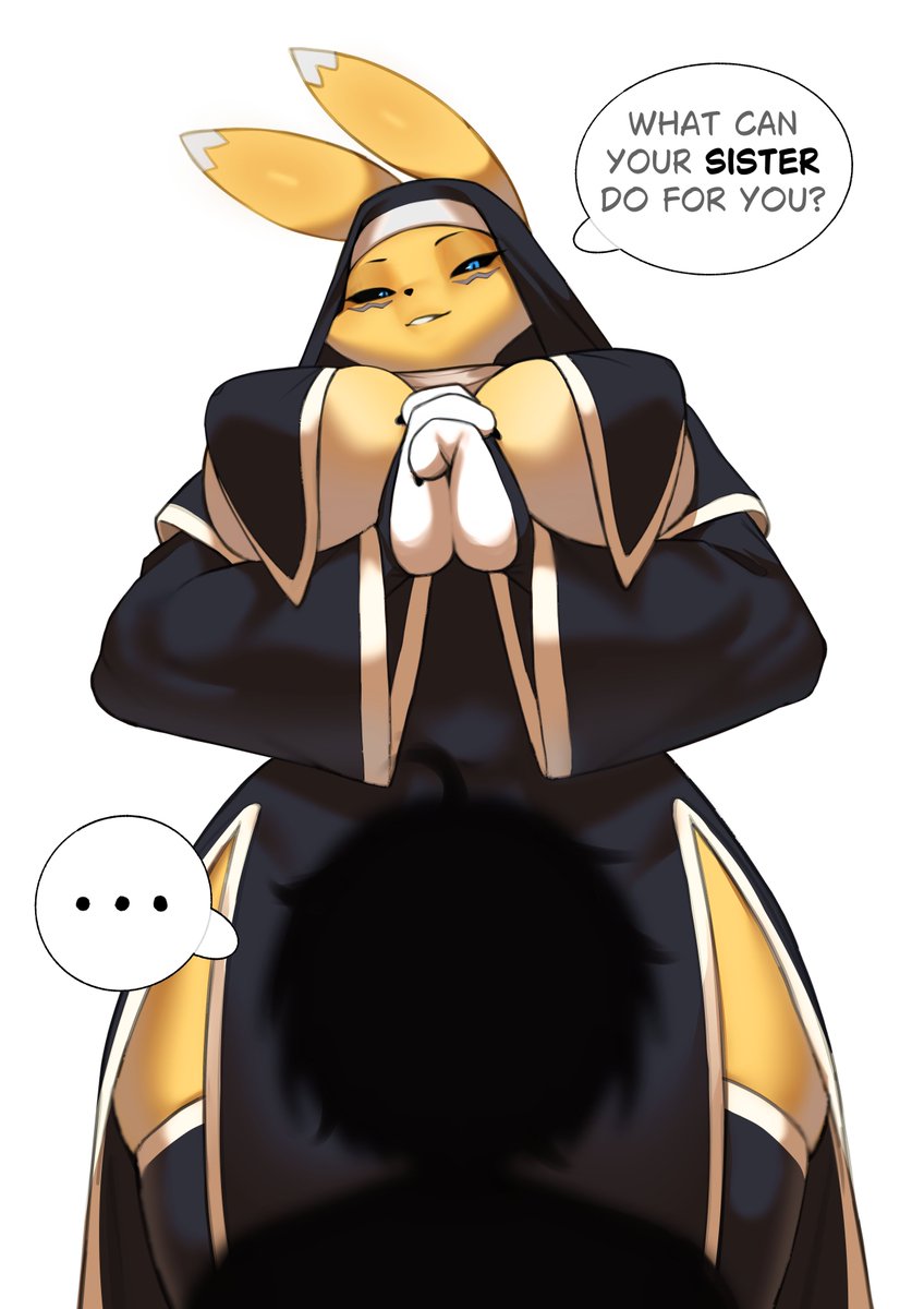 3 dots text, 3 fingers, anthro, anthro on human, before sex, big ass, big breasts, big butt, big female, big nipples, big thighs, black eyes, blue pupils, blurry, breasts, claws, claws out, claws-and-paws, curvy, curvy body, curvy female, curvy figure, curvy hips, digimon, digimon (species), digital art, digital drawing, digital drawing (artwork), digital media, digital media (artwork), explicit, female, female anthro, female focus, furry, furry female, giant female, height difference, high quality, high resolution, high thighs, highres, holding hands, large breasts, lewd, long sleeves, looking at partner, looking at viewer, looking down, massive breasts, menacing, nervous, nipples covered, nun, nun costume, nun hat, nun outfit, pantyhose, religion, religious, religious clothing, renamon, shadow, small human, small male, smaller human, smaller male, smiling, smiling at partner, smiling at viewer, speechless, suggestive, taboo, tall, tall female, taller female, text, text box, text bubble, tiny male, white background, white fur, wuuyso, yellow fur