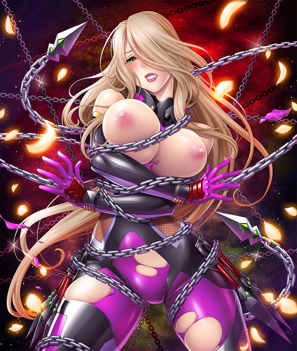 artist request, blonde hair, blush, bodysuit, bondage, breasts, chains, character request, crossed arms, curvy, elbow gloves, female, female only, green eyes, huge breasts, kunai, lilith-soft, long hair, looking at viewer, nipples, no bra, puffy nipples, sano toshihide, shiny skin, simple background, taimanin (series), taimanin asagi, taimanin asagi battle arena, torn clothes, weapon, white background, white skin