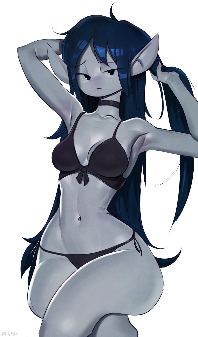 adventure time, armpits, arms up, black hair, breasts, choker, cleavage, grey body, johnfoxart, long hair, looking at viewer, marceline, navel, panties, pointy ears, slim waist, tagme, thick thighs, topwear, underwear, vampire, vampire girl, voluptuous, wide hips