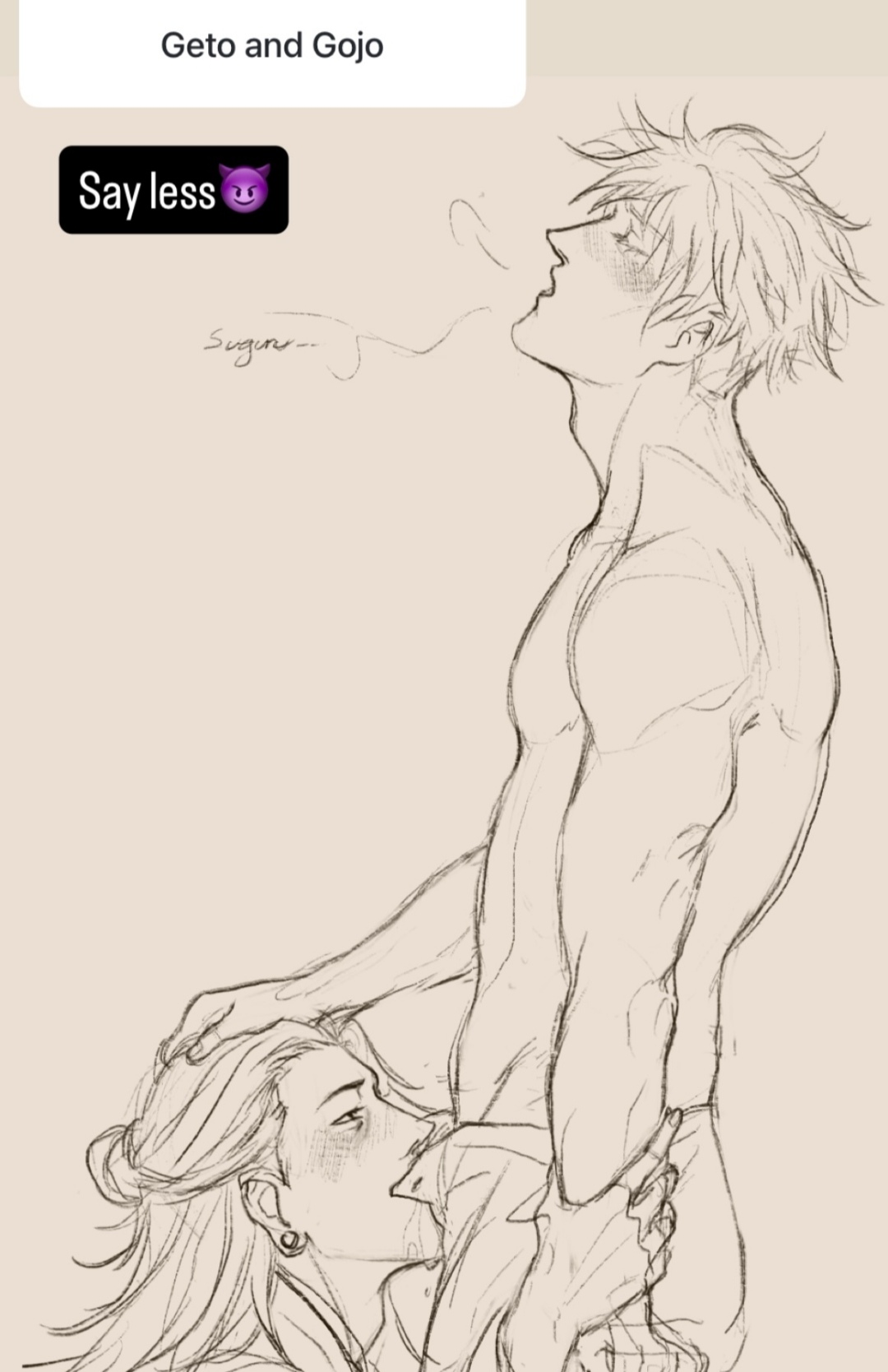 2boys, blowjob, blowjob only, copyright request, gay, gay blowjob, gay male, gay sex, human art, human artist, jujutsu kaisen, long hair, male, male focus, male only, male/male, muscular male, no ai, satoru gojo, short hair, standing, standing blowjob, suguru geto, yaoi