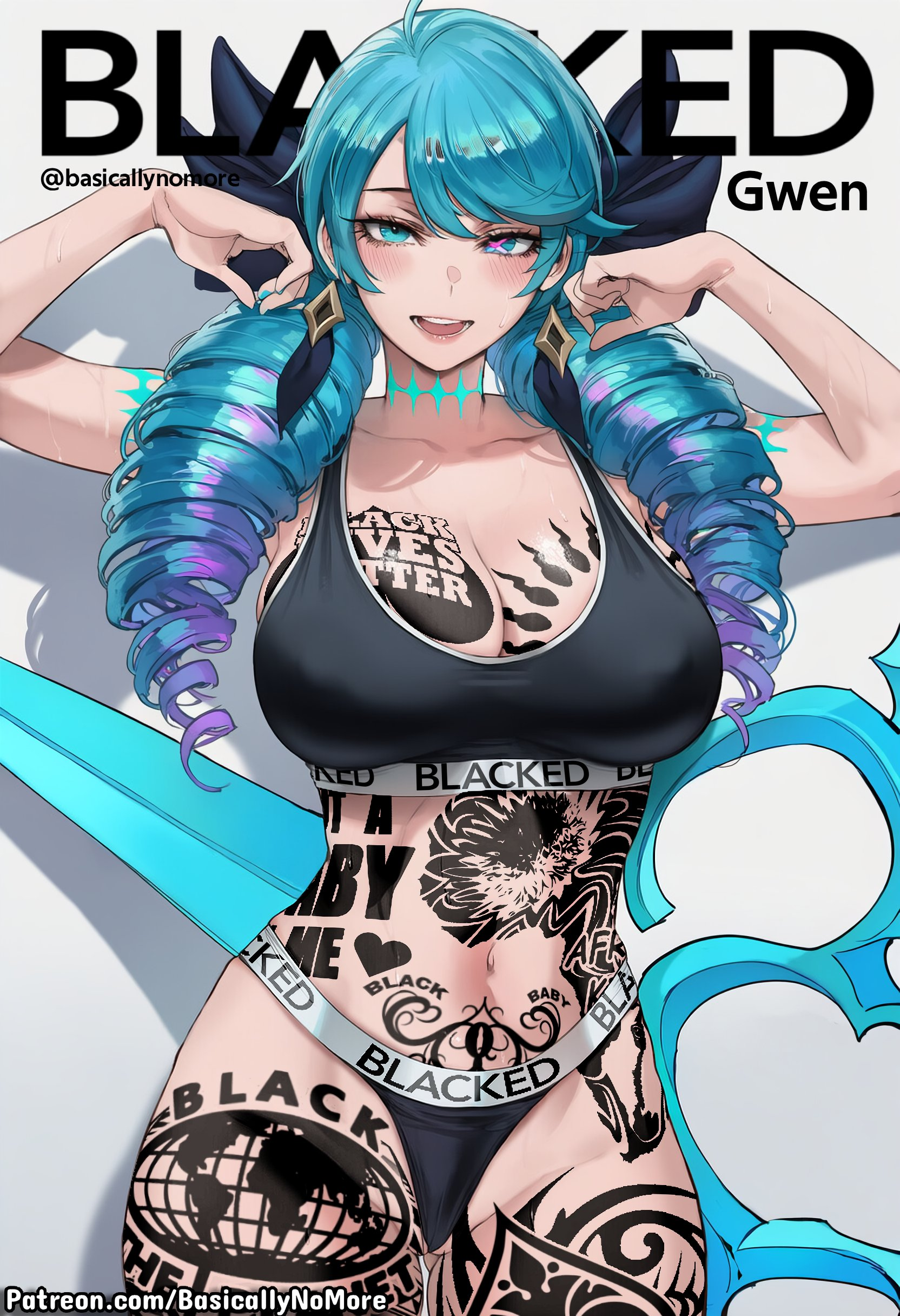 1girl, ai generated, anime, basicallynomore, black panties, black sports bra, blacked, blacked clothing, female, female only, gwen (league of legends), league of legends, looking at viewer, pubic tattoo, qos, qos clothing, qos tattoo, queen of spades, queen of spades symbol, queen of spades tattoo, sportswear, tattoo, tattoos, white skin