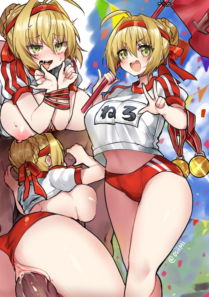 :d ahe_gao anus_peek areolae ass back blonde_hair blush bound bound_wrists breasts buruma cleavage clothed_sex cloud confetti day fate/extra fate/grand_order fate_(series) fellatio female flag green_eyes group_sex gym_uniform headband heart heart-shaped_pupils large_breasts looking_at_viewer medal midriff nero_claudius_(fate) nero_claudius_(olympian_bloomers) nipples open_mouth oral osiimi penis revision rolling_eyes saliva sequential sex sideboob smile solo_focus straight sweat symbol-shaped_pupils tears teeth thick_thighs tongue tongue_out uncensored vaginal_penetration