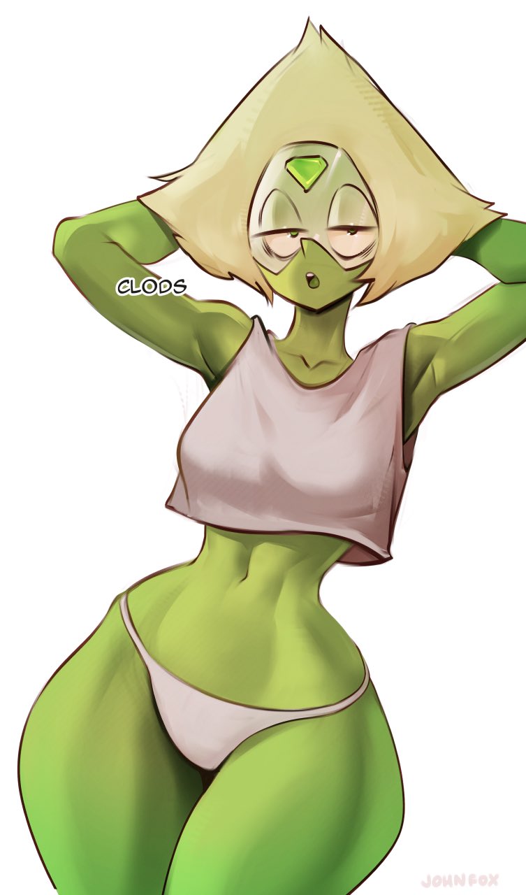 armpits, arms up, breasts, gem (species), glasses, green eyes, green skin, hands behind head, johnfoxart, looking at viewer, navel, panties, peridot (steven universe), short hair, slim waist, steven universe, tagme, text, thick thighs, topwear, underwear, voluptuous, wide hips, yellow hair