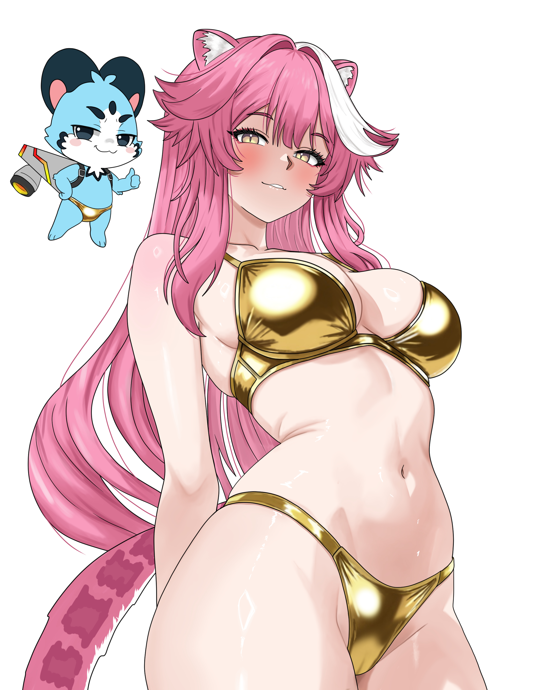 1girls, animal ears, bikini, chattino (raora panthera), fan mascot (vtuber), hololive, hololive english, hololive english -justice-, huge breasts, ivan ramirez, large breasts, pink hair, raora panthera, slutty female, swimsuit, tail, virtual youtuber