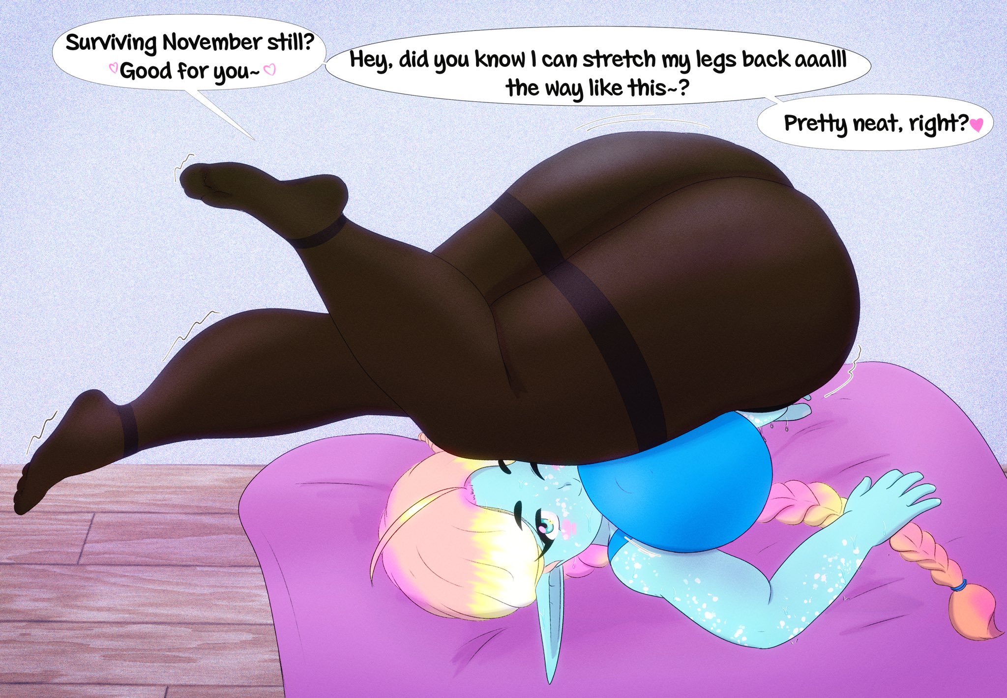 ass, blue skin, braided hair, breasts, cyana (p.m. seymour), elf, female, large ass, large breasts, leggings, looking at viewer, pinup, presenting, riley moore (artist), shortstack, taunting, text, text bubble, thick thighs