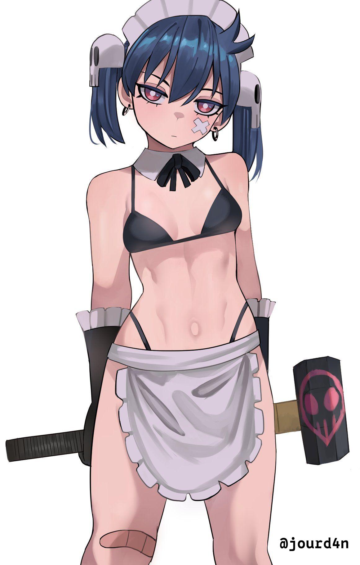 ., 1girls, 2d, 2d (artwork), 2d artwork, ahoge, apron, arm behind back, arms behind back, band-aid, band-aid on cheek, band-aid on face, band-aid on knee, band-aid on leg, band-aid on nose, bandaid, bandaid on cheek, bandaid on face, bandaid on head, bandaid on knee, bandaid on leg, bandaid on nose, bare belly, bare chest, bare knees, bare legs, bare midriff, bare navel, bare shoulders, bare skin, bare thighs, belly, belly button, bikini, bikini bottom, bikini top, black bikini, black bikini bottom, black bikini top, black elbow gloves, black gloves, black hair, black swimsuit, black swimwear, black-haired female, blank expression, blank eyes, blank stare, bored, bored expression, breasts, breasts apart, collar, collarbone, digital, digital art, digital drawing, digital drawing (artwork), digital media, digital media (artwork), drawing, ear piercing, ear piercings, earrings, elbow gloves, emotionless, exposed, exposed belly, exposed chest, exposed legs, exposed midriff, exposed navel, exposed shoulders, exposed skin, exposed thighs, eyebrows visible through hair, female, female focus, female only, fit female, from front, front view, gloves, hair between eyes, hair ornament, hair ornaments, half naked, half nude, halterneck, hammer, hand behind back, hands behind back, head tilt, high resolution, highres, inframammary fold, ji-yoon (jourd4n), jourd4n, lean figure, linea alba, looking at viewer, maid, maid apron, maid bikini, maid cap, maid headdress, midriff, naked, naked female, naked woman, narrow waist, navel, neutral expression, nude, nude female, nudity, oc, original, original art, original artwork, original character, partially undressed, petite, petite body, petite breasts, petite female, petite girl, petite tits, pierced ear, pierced ears, pink eyes, pink-eyed female, posing, posing for the viewer, semi nude, short hair, shoulders, simple background, slender body, slender waist, slim female, slim waist, small boobs, small breasts, small tits, solo, standing, stomach, string bikini, swimsuit, swimwear, thigh gap, thighs, tilted head, tiny breasts, top view, twintails, twintails (hairstyle), upper body, white background, white collar, white pupils