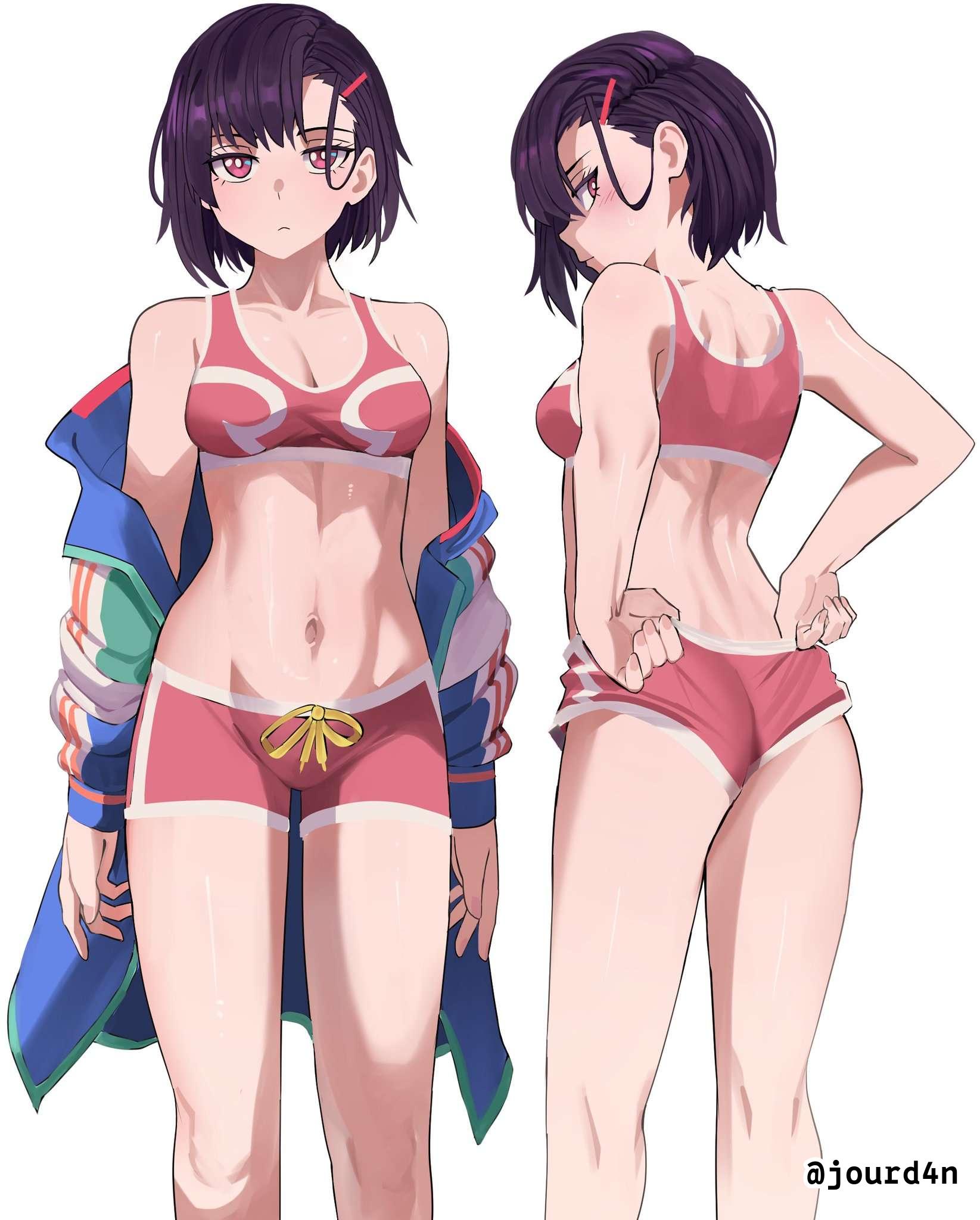 1girls, 2d, 2d (artwork), 2d artwork, adult, adult female, ass, ass cleavage, ass crack, average breasts, back, back view, bare back, bare belly, bare hands, bare hips, bare knees, bare legs, bare midriff, bare navel, bare shoulders, bare skin, bare thighs, behind view, belly, belly button, black hair, black-haired female, blank expression, blank eyes, blank stare, bored, bored expression, bra, breasts, butt, cleavage, coat, collarbone, curvaceous, curvaceous body, curvaceous female, curvaceous figure, curvaceous hips, curvy, curvy body, curvy female, curvy figure, curvy hips, digital, digital art, digital drawing, digital drawing (artwork), digital media, digital media (artwork), drawing, elbows, emotionless, exposed back, exposed belly, exposed hips, exposed legs, exposed midriff, exposed navel, exposed shoulders, exposed skin, exposed thighs, female, female focus, female only, female torso, fingernails, fingers, fit female, from behind, from front, front view, groin, hair clip, hairclip, head tilt, high resolution, highres, inguinal crease, inguinal ligament, jacket, jourd4n, kneepits, knees, lean figure, linea alba, looking at viewer, looking back, looking back at viewer, mature, mature female, median furrow, medium breasts, midriff, mikazuki shizuka, multiple views, narrow waist, navel, neutral expression, open coat, open jacket, parted bangs, petite, petite body, petite breasts, petite female, petite girl, petite tits, pink bra, pink eyes, pink shorts, pink-eyed female, purple hair, purple-haired female, rear view, short hair, shorts, shoulder blades, shoulders, simple background, slender body, slender waist, slim female, slim waist, solo, sports bikini, sports bra, sports panties, standing, stomach, thigh gap, thighs, tilted head, top view, upper body, viewed from behind, voluptuous, voluptuous body, voluptuous female, voluptuous figure, voluptuous woman, white background, white pupils, wide hips, zom 100: zombie ni naru made ni shitai 100 no koto