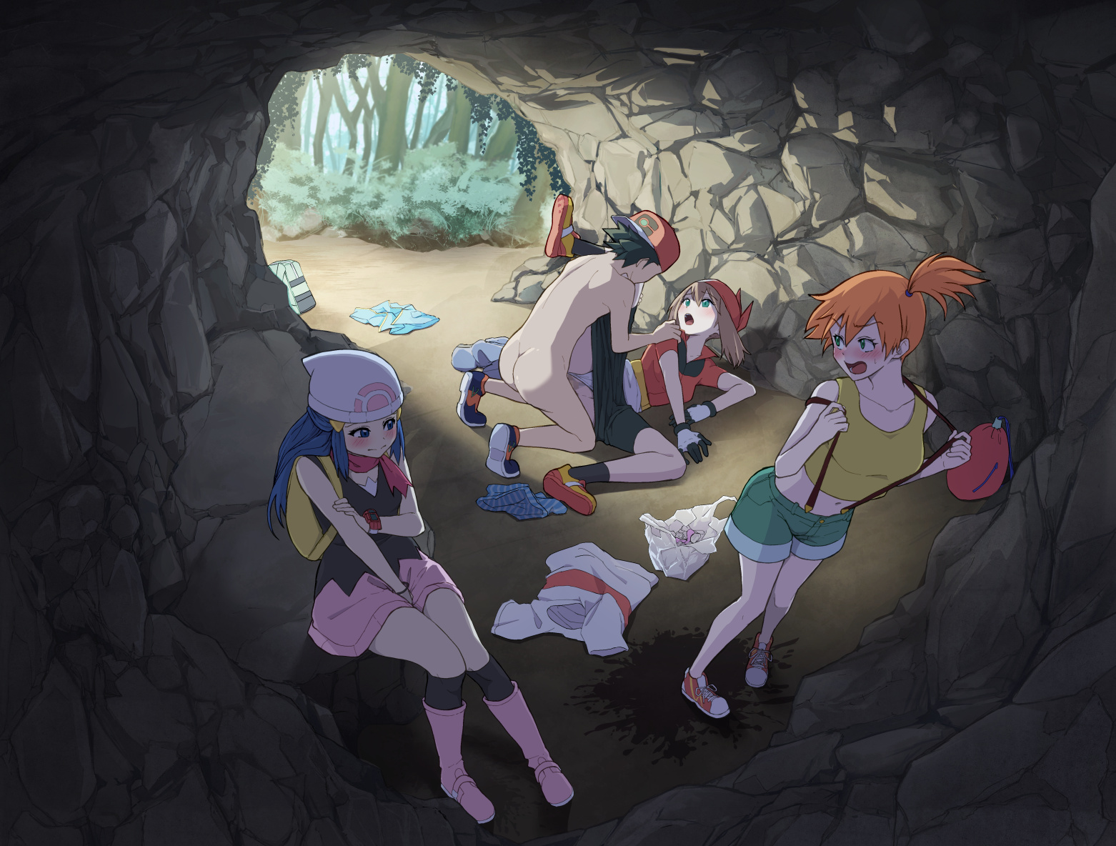 ash ketchum, cave, dawn (pokemon), female, may (pokemon), misty (pokemon), orgy, pokemon, satoshi (pokemon), toiro gawon
