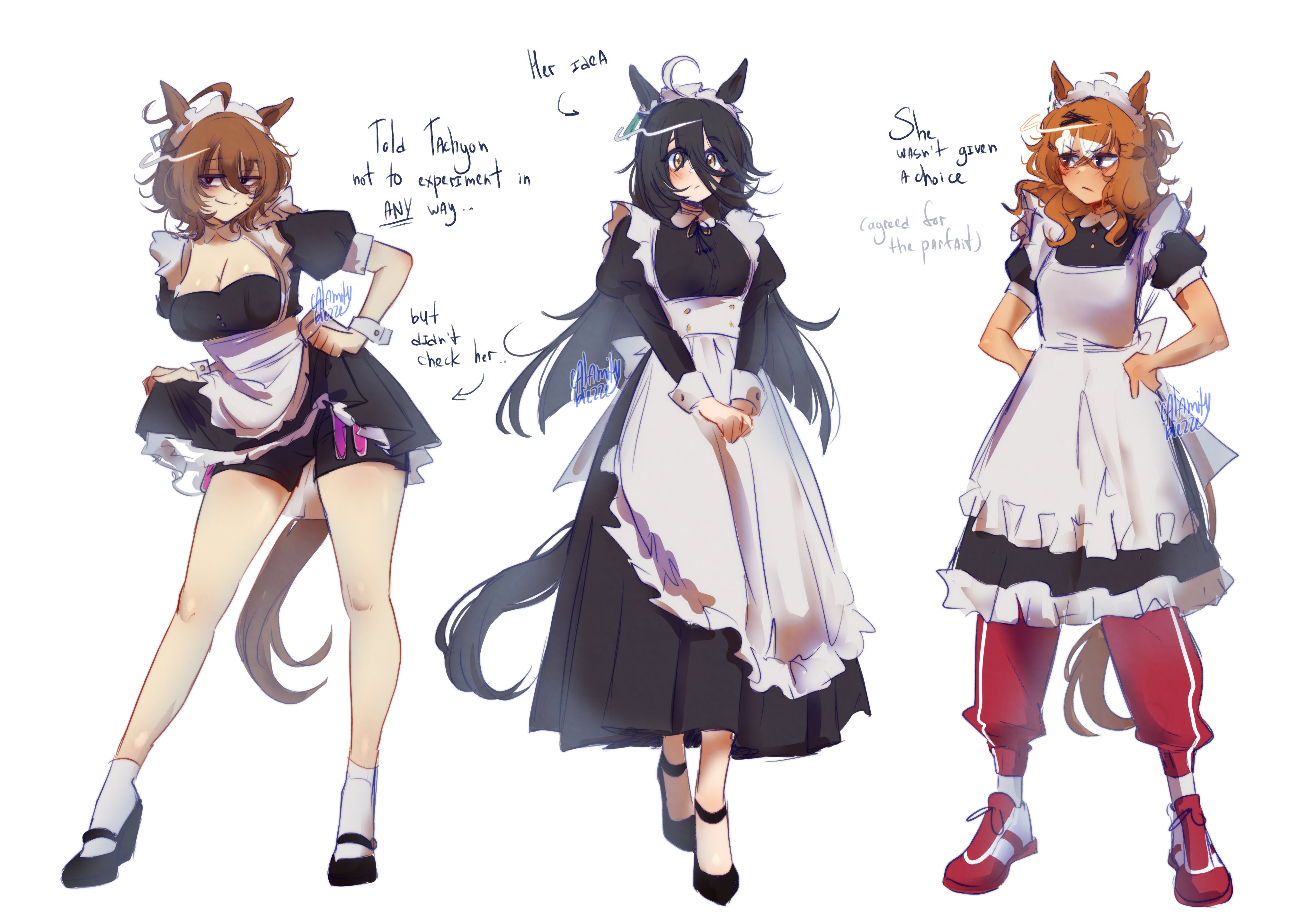 3girls, absurdres, agnes tachyon (umamusume), ahoge, animal ears, apron, black dress, black hair, black shorts, blush, breasts, brown hair, calamity brezze, cleavage, closed mouth, clothes lift, commentary, dress, dress lift, ear tag, earrings, english commentary, hair between eyes, hair ornament, highres, horse ears, horse girl, horse tail, jacket, jam (umamusume), jewelry, jungle pocket (umamusume), large breasts, lifting own clothes, long bangs, long hair, long hair between eyes, long sleeves, looking at viewer, maid, maid apron, maid headdress, manhattan cafe (umamusume), medium hair, multicolored hair, multiple girls, notched ear, pants, pants under dress, red eyes, red pants, shoes, short sleeves, shorts, shorts under dress, single earring, small breasts, smile, socks, tail, track pants, umamusume, white apron, white hair, white headdress, white socks, yellow eyes