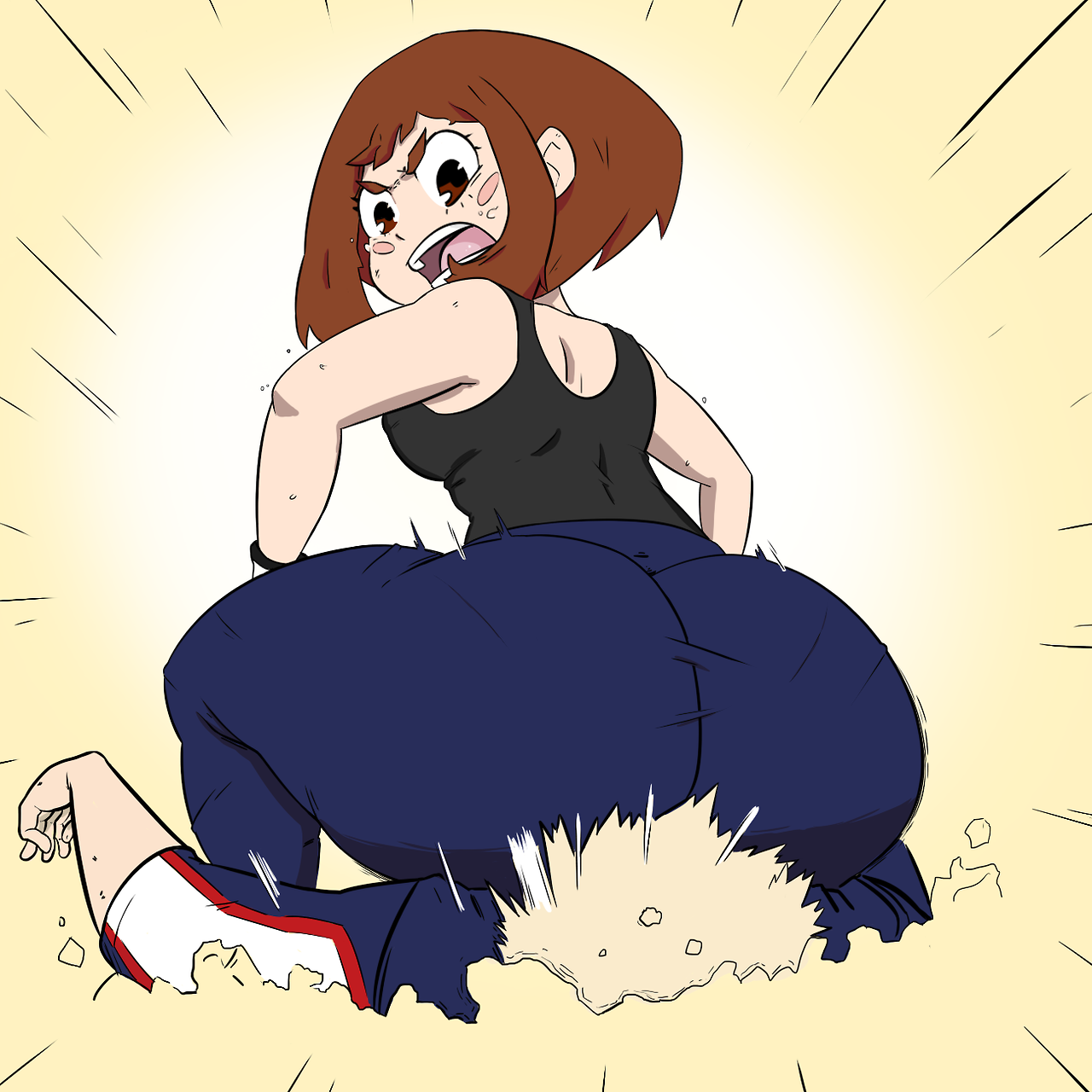 1girls, 2010s, 2d, 2d (artwork), angry expression, ass, big ass, black hair, blonde hair, bloxwhater, blue clothing, bottom heavy, breasts, brown hair, clothed, clothed female, clothed male, defeated, faceless male, facesitting, fair skin, female, female focus, female on top, fully clothed, huge ass, katsuki bakugou, looking back, male, my hero academia, no sex, ochako uraraka, straight, t-shirt, tank top, yellow background