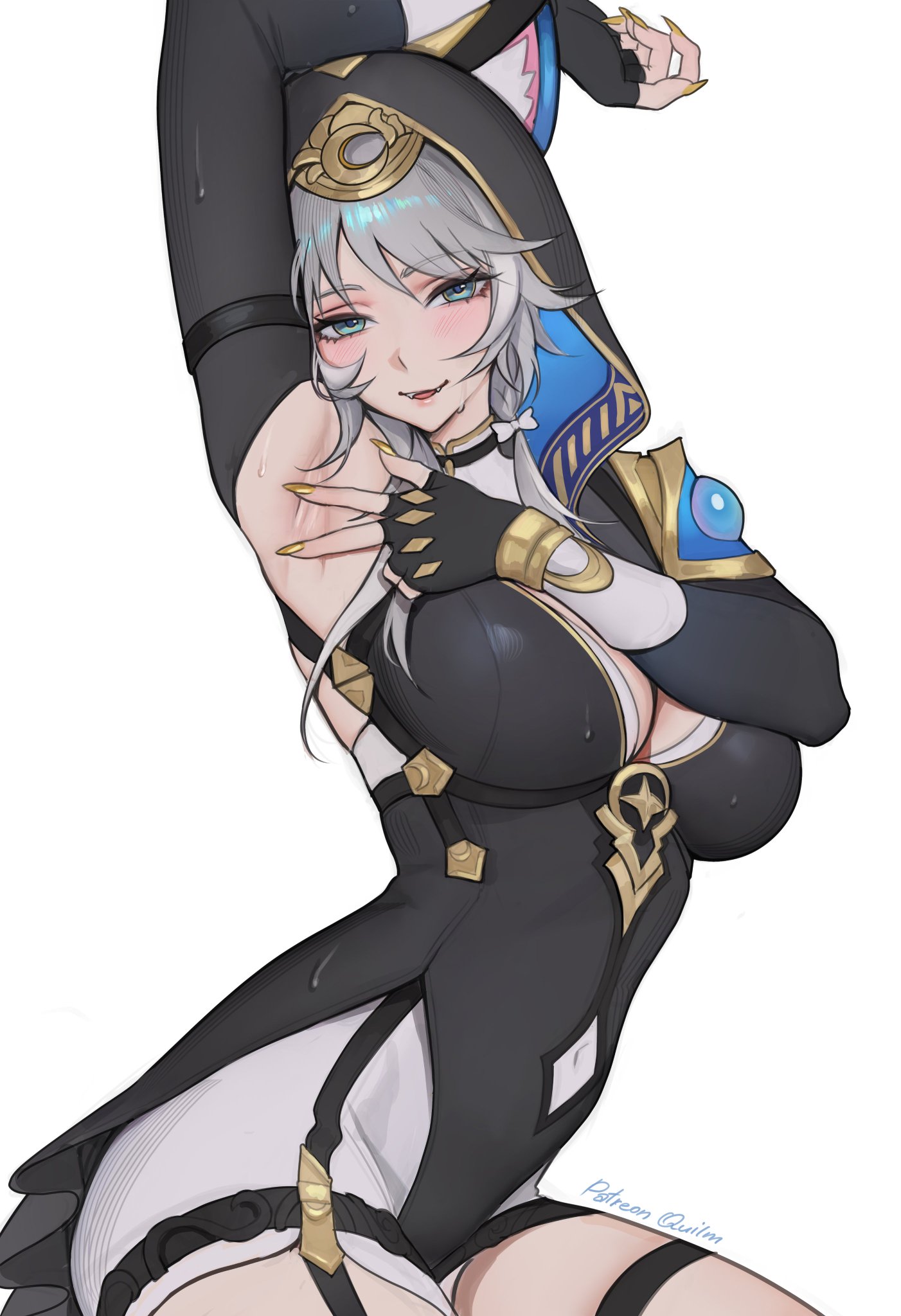 1girls, arm up, armpit focus, armpits, arms up, blue eyes, cat ears, choker, cipher (honkai: star rail), cleavage, female, grey hair, honkai: star rail, hood, hoyoverse, huge breasts, large breasts, leotard, looking at viewer, mihoyo, open mouth, peace sign, presenting, presenting armpit, quilm, seductive, seductive eyes, seductive look, seductive pose, seductive smile, silver hair, smile, smiling, smiling at viewer, solo, solo focus, spread armpit, sweat, sweatdrop, sweating, sweaty, sweaty body, thigh strap, v