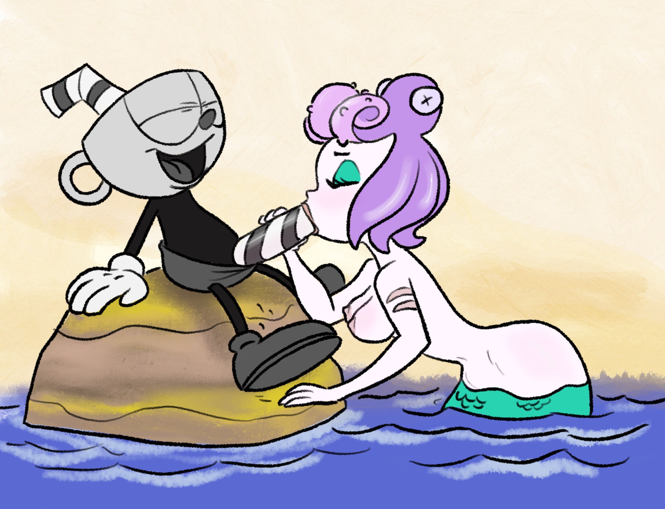 1boy, 1girls, big breasts, breasts, cala maria, cuphead, cuphead (game), female, footwear, handwear, male, manual, merfolk, mermaid, nipples, oral, penis, sideboob, straight, straw, tagme