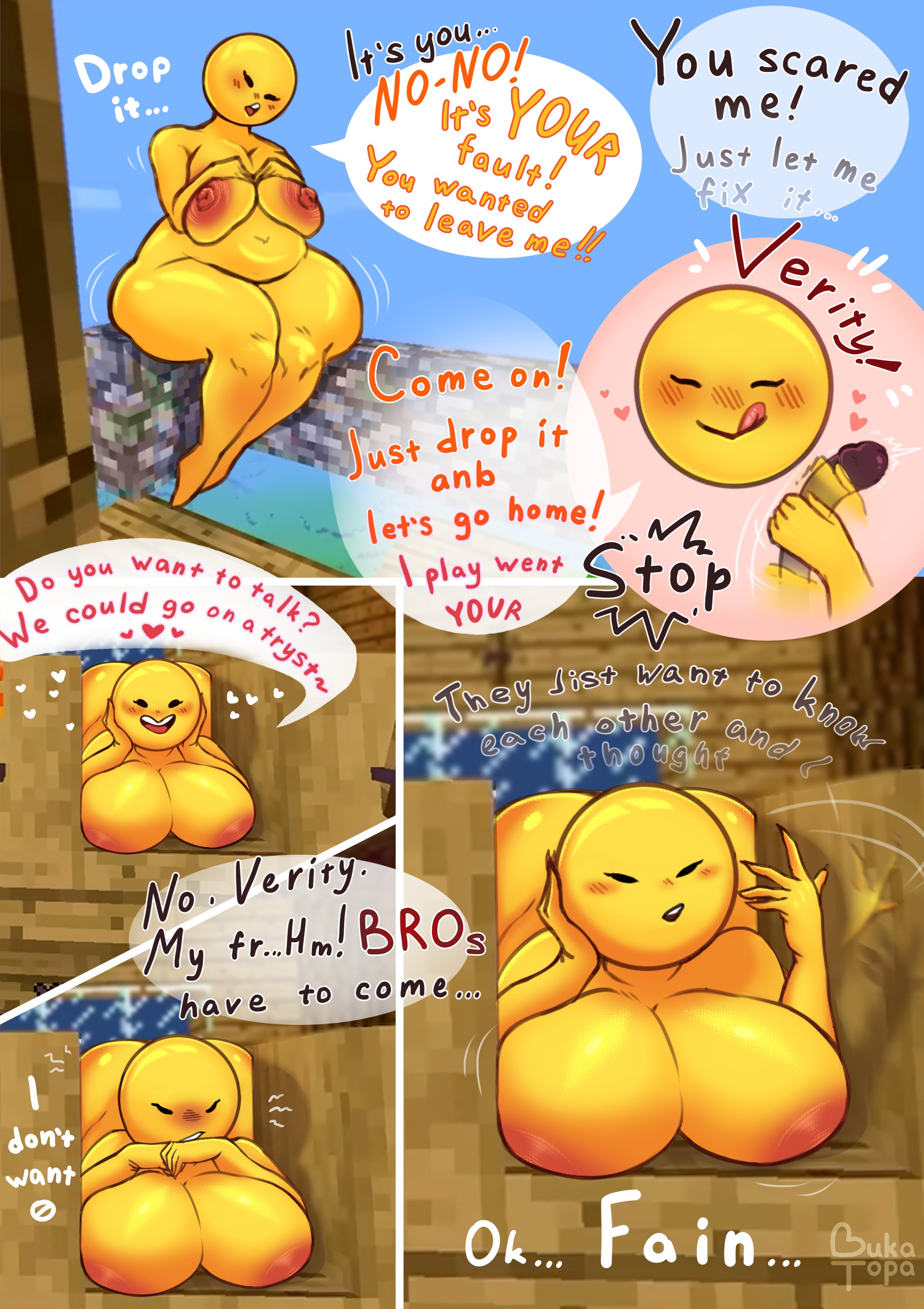 1girl, 1girls, 2d, 2d (artwork), 2d artwork, areola, areolae, belly, big breasts, blush, blushing, breasts, bukatopa, chubby, comic, comic page, comic panel, curvaceous, curvaceous figure, curvy, curvy body, curvy female, curvy figure, dialogue, english, english dialogue, english text, erect nipples, female, female focus, heart, hi res, high quality, high resolution, highres, hips, horror, horror (theme), humanoid, large breasts, microsoft, minecraft, mojang, multiple views, naked, naked female, nipples, nude, nude female, offscreen character, outdoors, pink areola, pink areolae, pink nipples, rule 63, talking, talking to another, text, text box, text bubble, thick thighs, thighs, verity, verity (thatmob), voluptuous, voluptuous body, voluptuous female, wide hips, yandere, yellow skin, yellow-skinned female