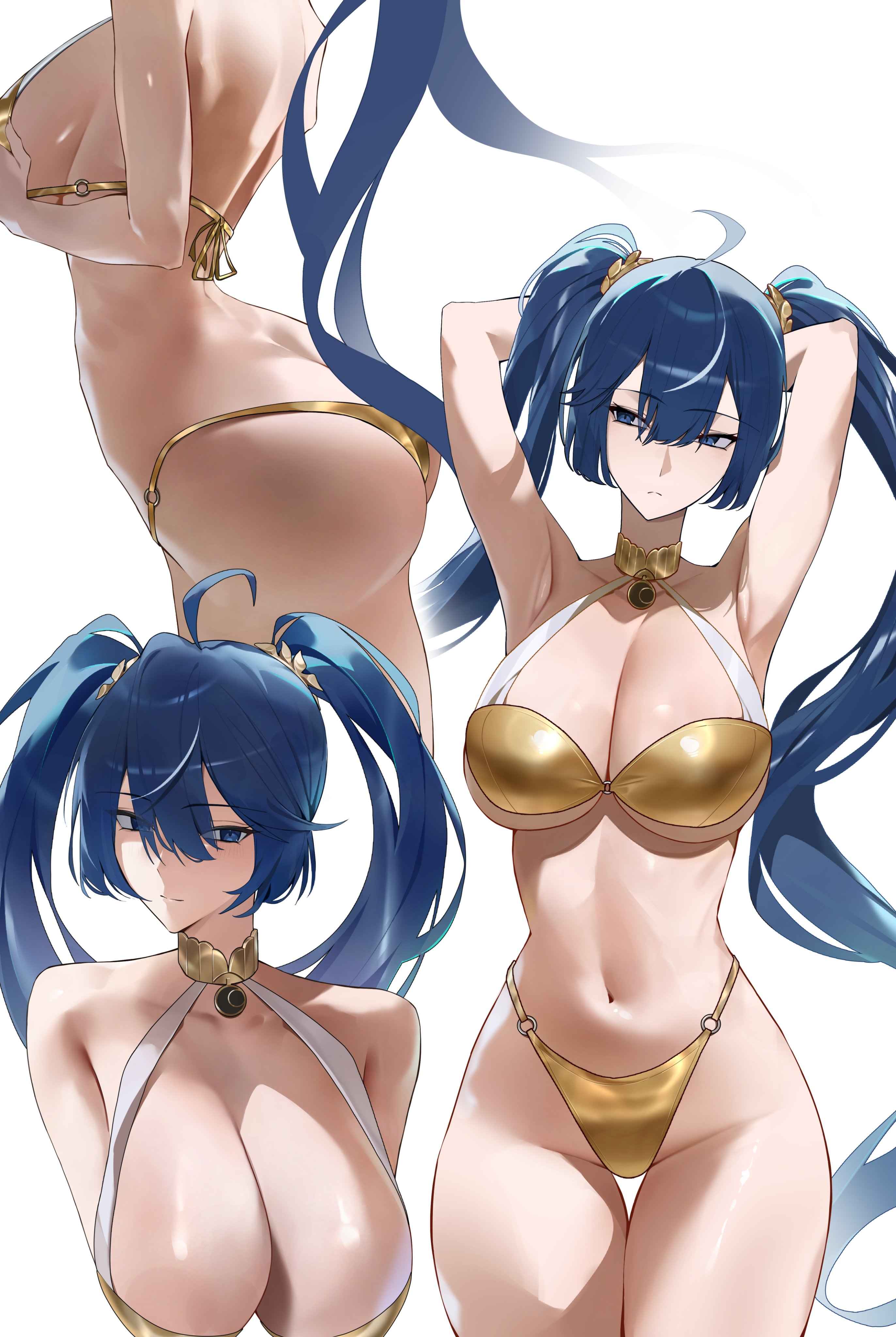1girls, ass, ass focus, big breasts, bikini, blue eyes, blue hair, breasts, breasts out, female, golden bikini, iuno (wuthering waves), large breasts, long hair, multiple views, twintails, wuthering waves