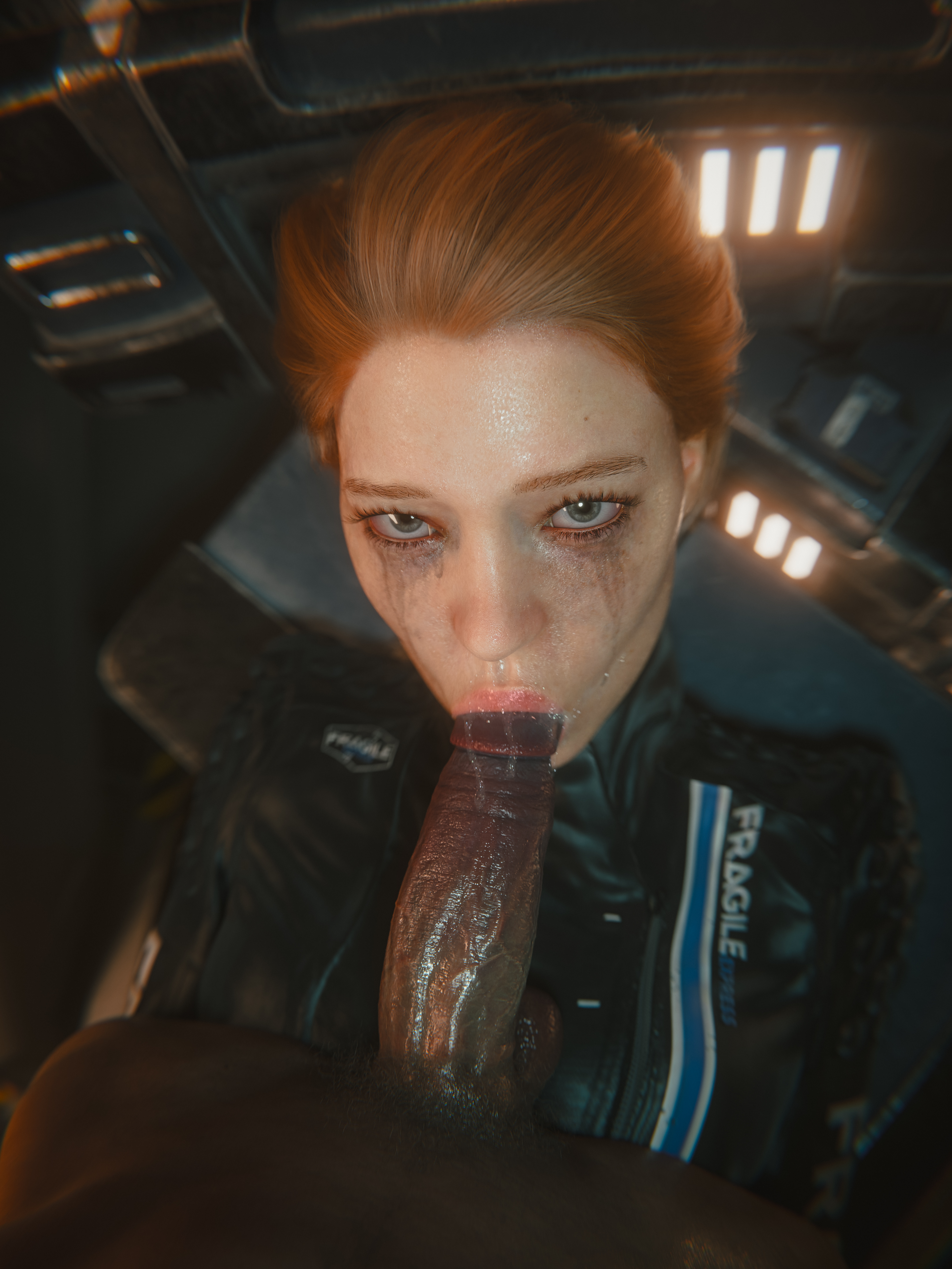 3d, blonde hair, blue eyes, ceeeeekc, dark-skinned male, death stranding, fellatio, fragile (death stranding), french female, interracial, lea seydoux, male pov, penis, runny makeup, runny mascara, short hair, sucking penis