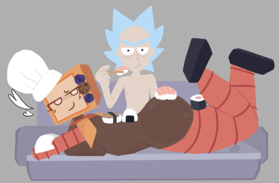 1boy, 1girls, ass, blue hair, boobs, breasts, chef hat, chopsticks, cookieware (die of death), crossover, dark skin, dark-skinned female, die of death (roblox), food, food on body, funny, heart, looking at viewer, lying on stomach, lying on table, naked, naked female, rick and morty, rick sanchez, roblox, roblox game, robot, side view, smirk, smirking at viewer, spoted (artist), thighs, weird crossover