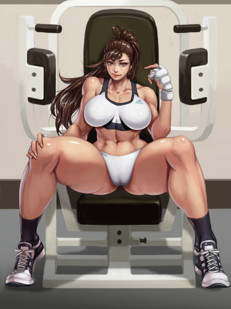 1girls, abs, asian, breasts, brown eyes, brown hair, cameltoe, chun-li, female, female only, gym, large breasts, long hair, looking at viewer, muscles, muscular, muscular female, pussy, solo, sports bra, street fighter, thick thighs, tied hair, xxoom