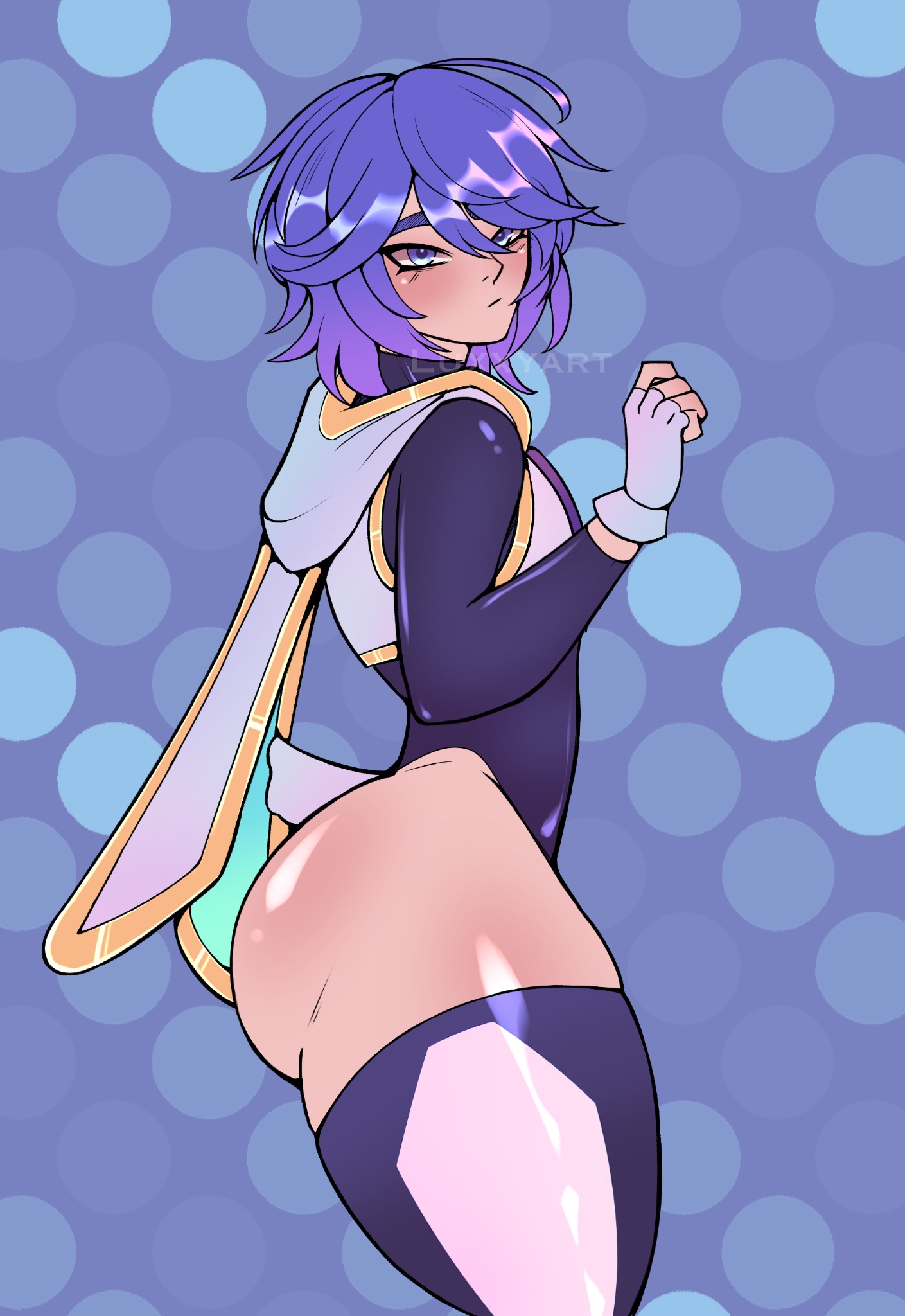 artist name, ass focus, blue eyes, blue hair, bodysuit, bubble ass, bubble butt, bunnii o'hare (fortnite), bunny ears, bunny tail, epic games, femboy, femboy focus, femboy only, femboy solo, fingerless gloves, fortnite, fortnite: battle royale, gay, gay male, genderbend, genderswap, genderswap (ftm), hair dye, half-dressed, hood, hood down, light skin, light-skinned male, looking at viewer, luxxy art, round ass, round butt, rule 63, short hair, solo, solo femboy, solo focus, thick thighs, thighhighs, twitter link, twitter username, yaoi