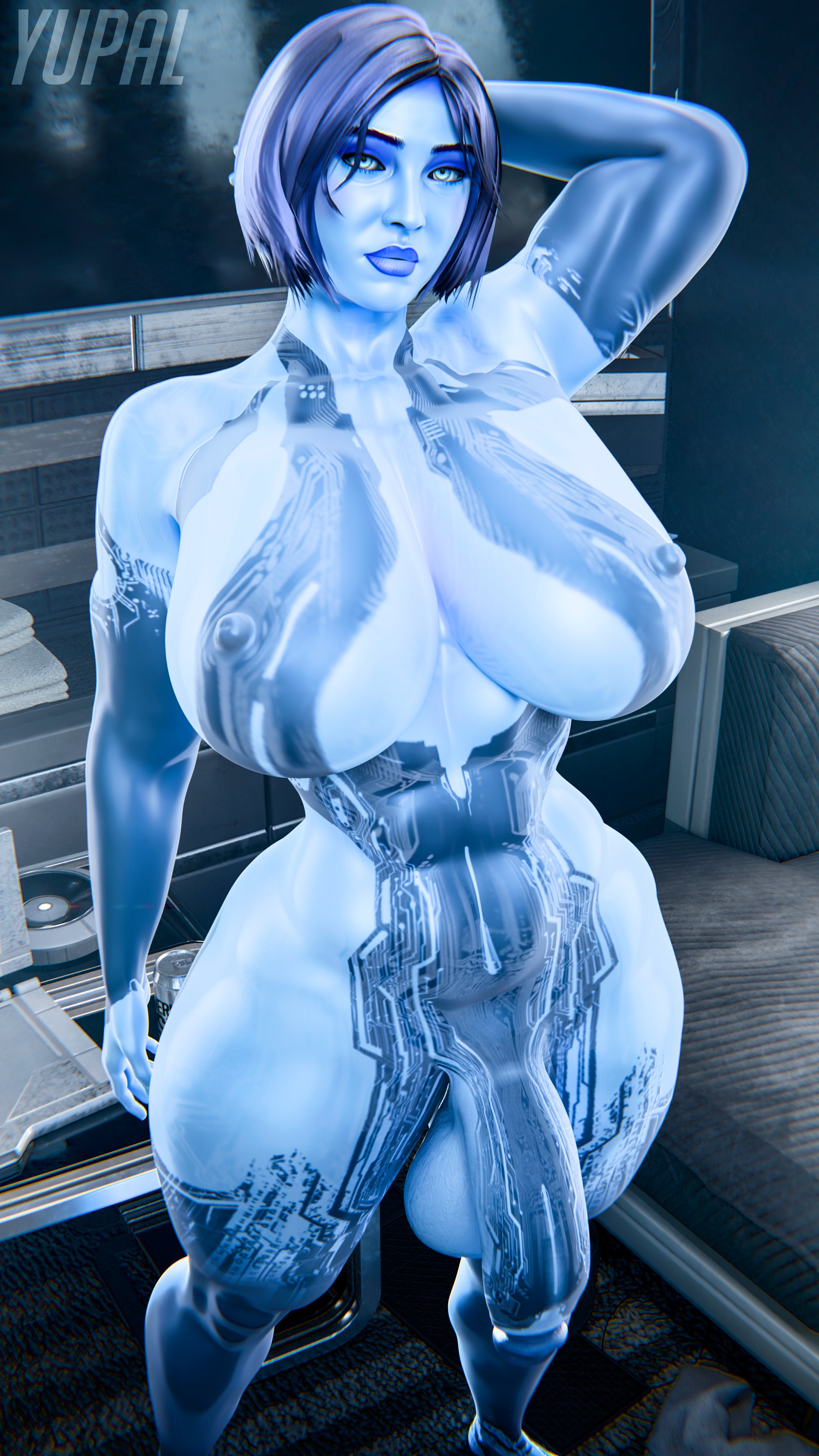 1futa, 3d, 4k, abs, absurd res, alternate version at source, alternate version available, arm up, bed, bedroom, big balls, big breasts, big penis, blender, blue body, blue eyes, blue hair, blue lips, blue skin, bob cut, completely nude, completely nude futanari, cortana, futanari, halo (series), halo 4, hi res, looking at viewer, muscular, muscular futa, pose, posing, posing for the viewer, rigid3d, science fiction, solo, solo futa, thick thighs, wide hips, yupal