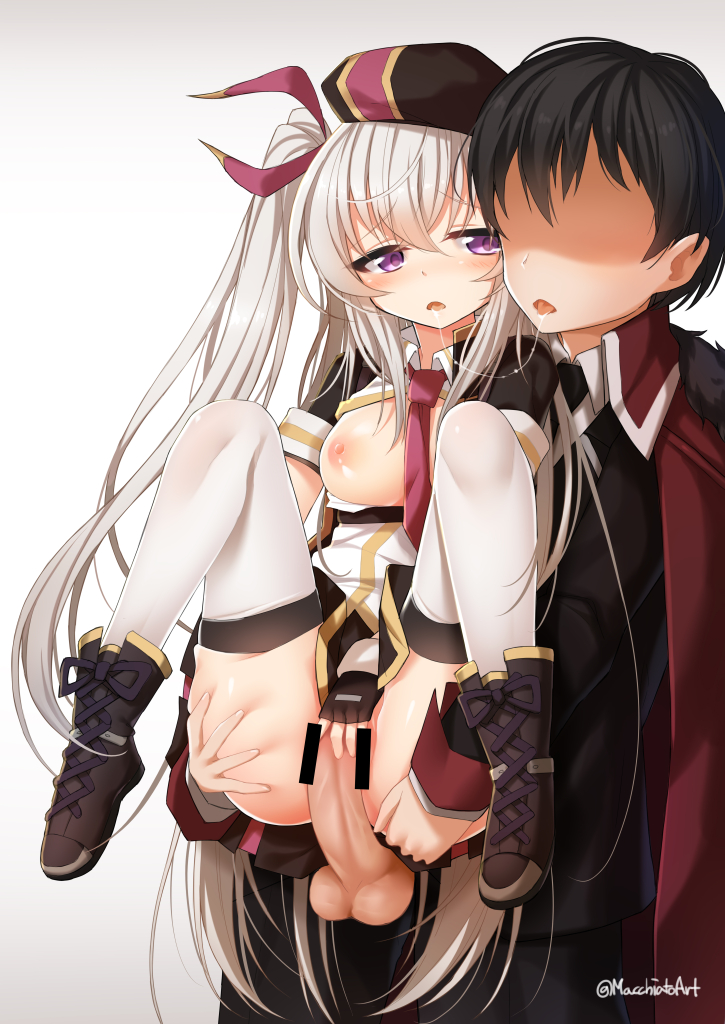 1boy after_kiss bar_censor beret black_hair boots breasts censored commander_(girls'_frontline) faceless female girls'_frontline gloves hair_ribbon hat jacket long_hair macchiato_(jae-min_cho) necktie penis ribbon saliva saliva_trail sex side_ponytail silver_hair small_breasts straight thighhighs tongue tongue_out twitter_username usas-12_(girls'_frontline) vaginal_penetration white_background