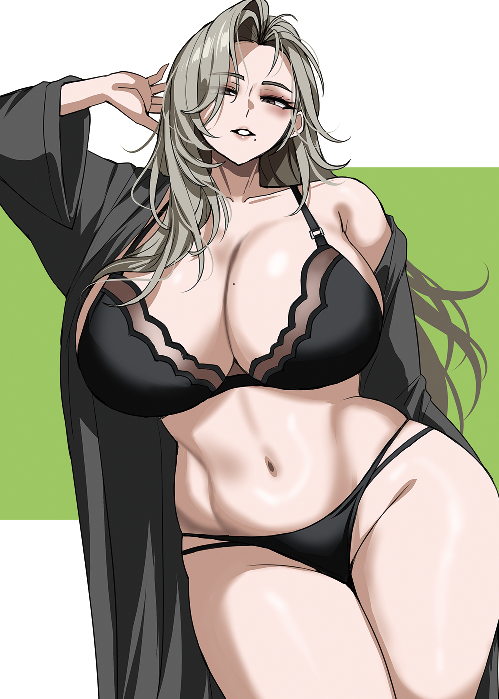 1girls, arm up, black bra, black panties, blush, bra, breasts, cleavage, collarbone, cowboy shot, curvy, drogod (artist), goddess of victory: nikke, grey eyes, grey hair, hella p, huge breasts, long hair, looking at viewer, mature female, mole, mole on breast, mole under mouth, mrs. miss (nikke), multiple moles, navel, off shoulder, panties, parted lips, simple background, skindentation, solo, standing, stomach, thick thighs, thighs, underwear, wide hips