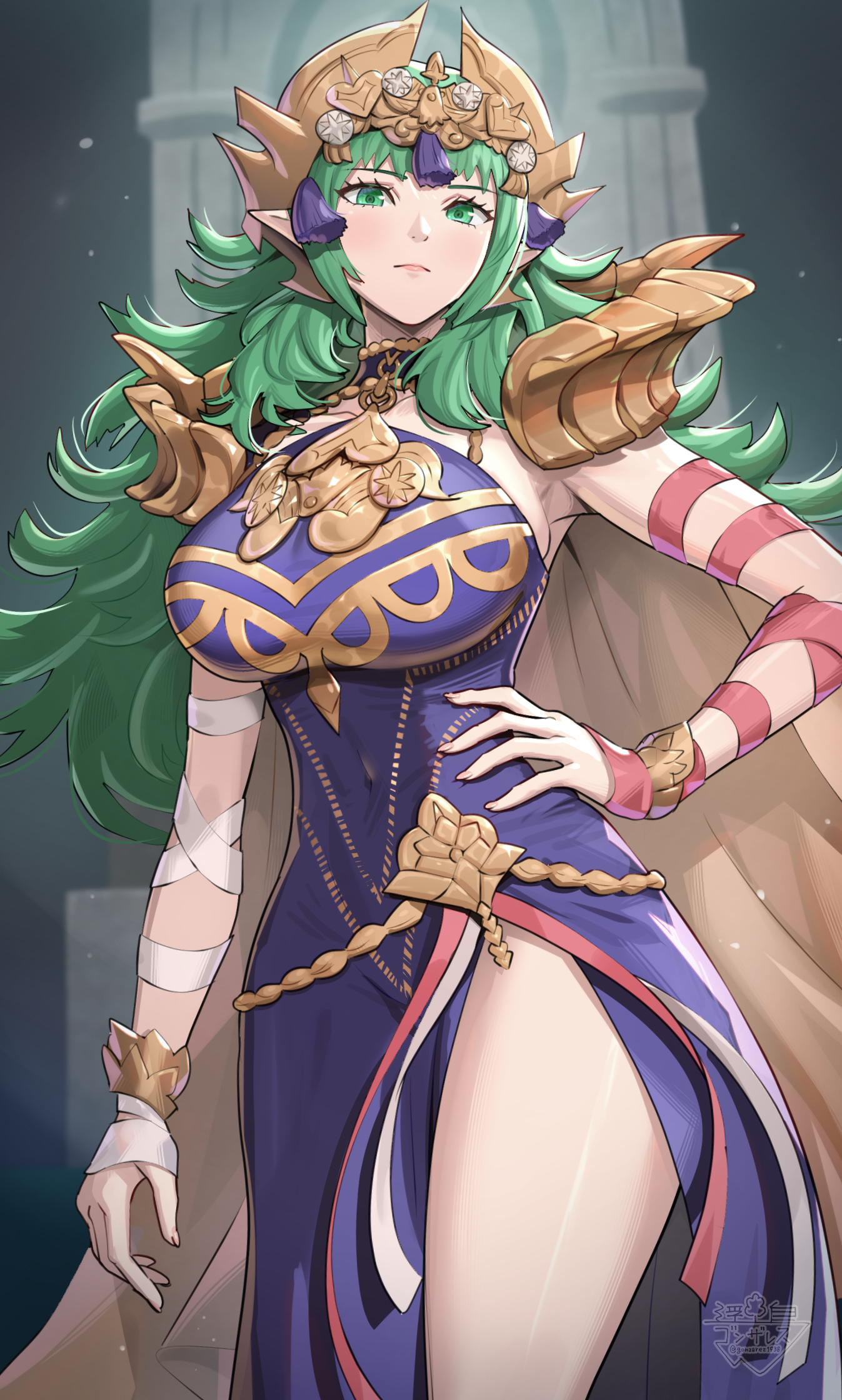 1girl, breasts, elf ears, fire emblem, fire emblem: fortune's weave, gonzarez, green eyes, green hair, large breasts, long hair, looking at viewer, purple dress, solo, sothis (adult) (fire emblem), sothis (fire emblem)
