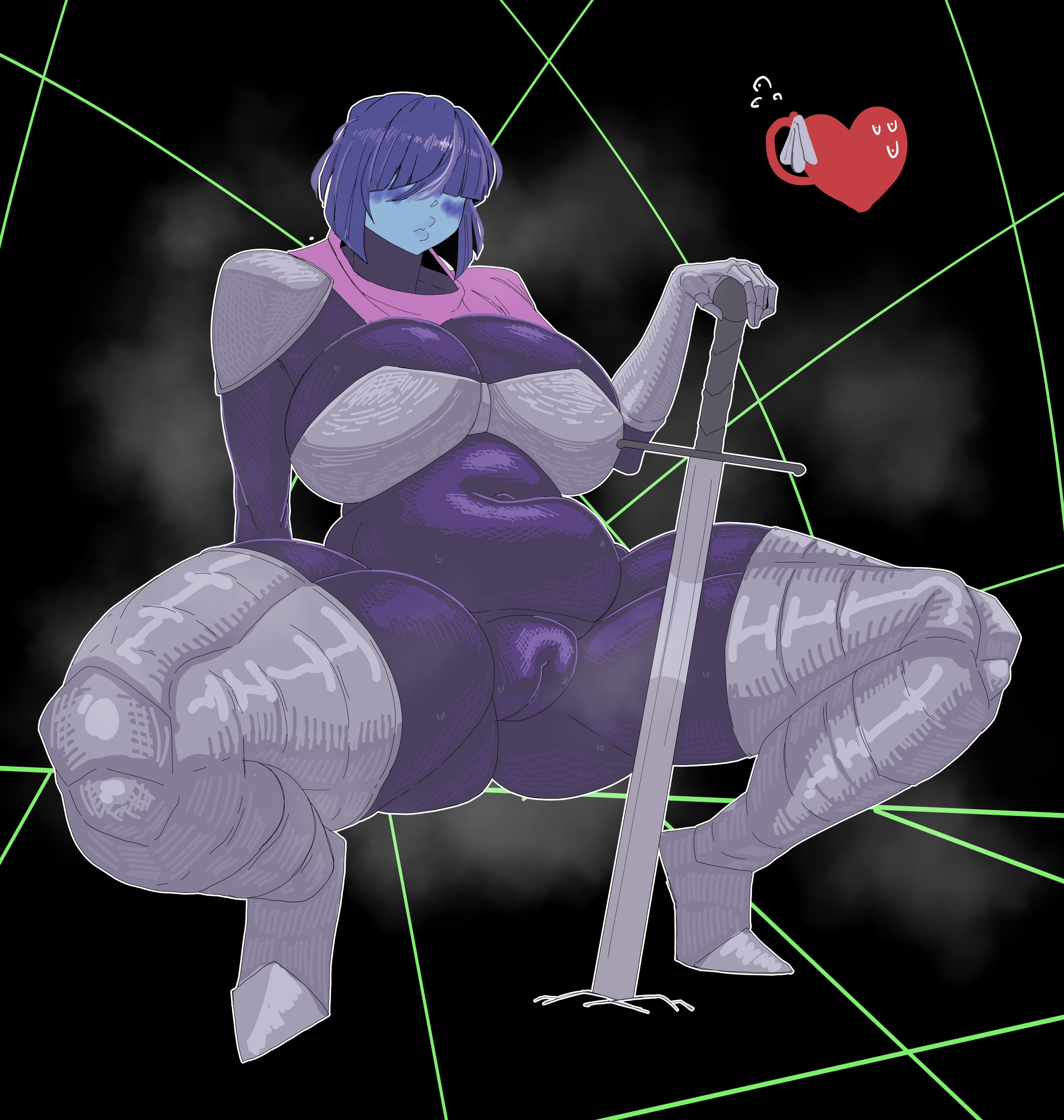 1girl, 1girls, 1other, 2d, 2d (artwork), 2d artwork, armor, ass, belly, big ass, big breasts, black background, black bodysuit, blue hair, blue skin, blue-skinned female, blush, blushing, bodysuit, breasts, curvaceous, curvaceous figure, curvy, curvy body, curvy female, curvy figure, darky, darkynsfw, deltarune, fat pussy, female, female focus, full body, gauntlets, greaves, hair covering eyes, hair over eyes, hi res, high quality, high resolution, highres, hips, holding, holding object, holding sword, holding weapon, human, knight, knight armor, kris (deltarune), kris female (deltarune), large ass, large breasts, navel, no eyes, pussy, rule 63, short hair, simple background, soul (deltarune), spread legs, squatting, sweat, sweatdrop, sweating, sword, thick thighs, thighs, tight bodysuit, tight clothes, tight clothing, toby fox, towel, wide hips