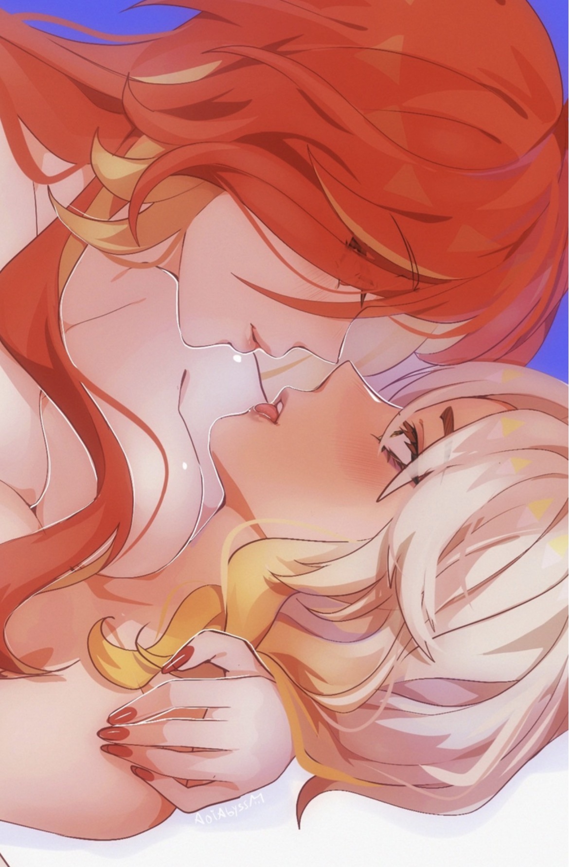 2girls, aoiabyss, big breasts, busty, genshin impact, lesbians, mavuika (genshin impact), nude, tongue, tongue out, xilonen (genshin impact), yuri