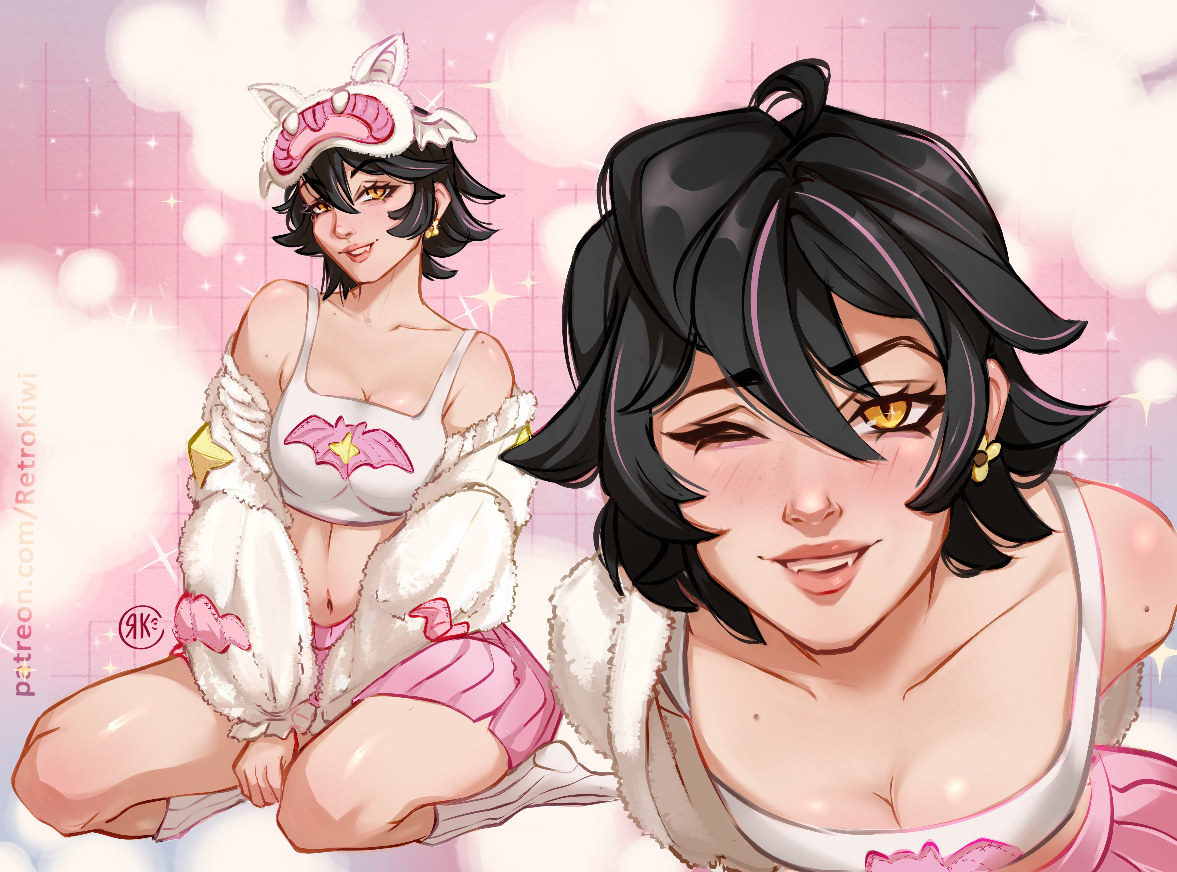 1girls, 2d, 2d (artwork), cleavage, female, female only, fully clothed, jubilation lee, jubilee, jubilee (marvel rivals), jubilee (vampy jammies), kneeling, marvel, marvel rivals, pajamas, retrokiwi69, sitting, solo, thick thighs, wink, x-men
