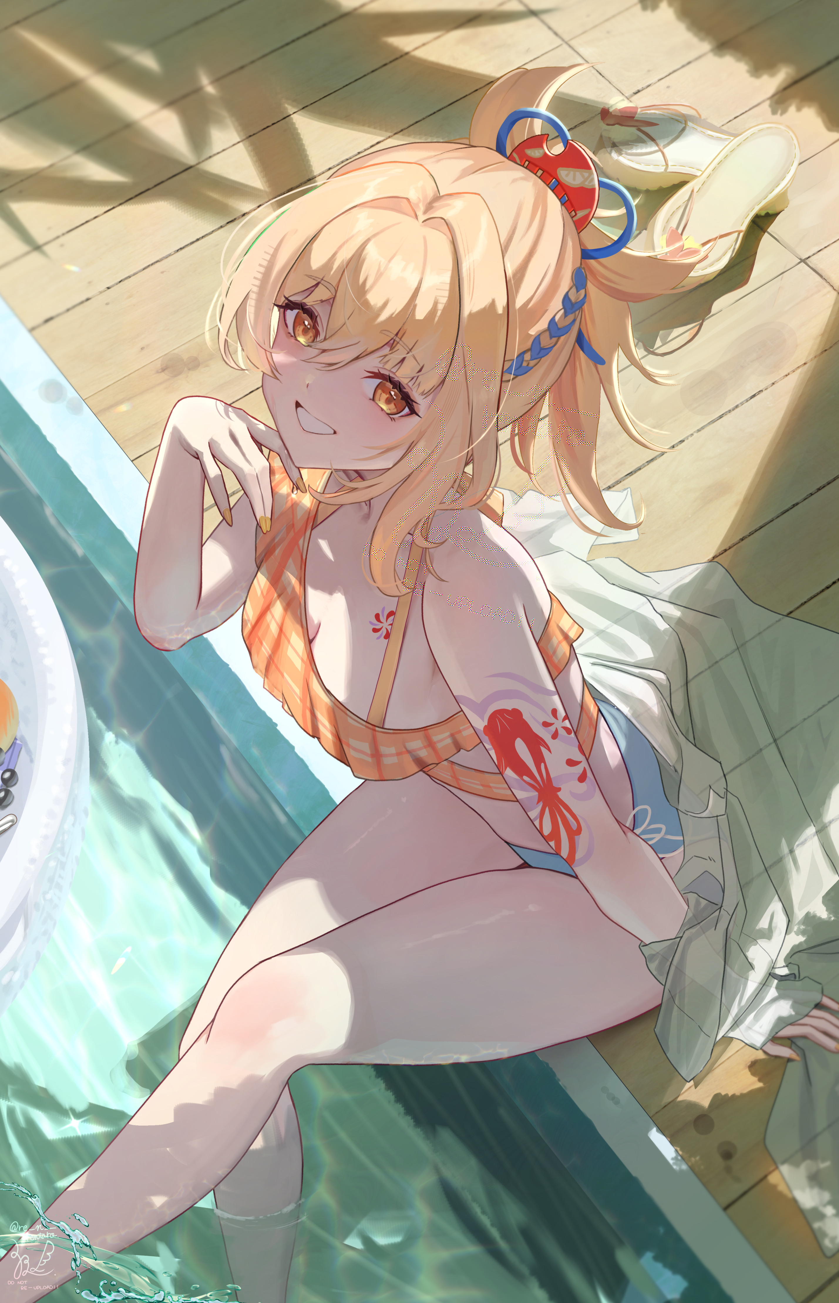 1girl, 1girls, absurd res, alternate costume, arm tatto, bikini, blonde hair, breasts, chest tattoo, feet out of frame, female, female focus, fingernails, from above, genshin impact, grin, hand up, highres, hoyoverse, looking at viewer, looking up, nail polish, orange bikini, pool, poolside, sandals, sazanami (re n rentaro), shadow, signature, sitting, smile, soaking feet, solo female, swimsuit, tatto, thighs, twitter username, username, water, yellow eyes, yoimiya (genshin impact)