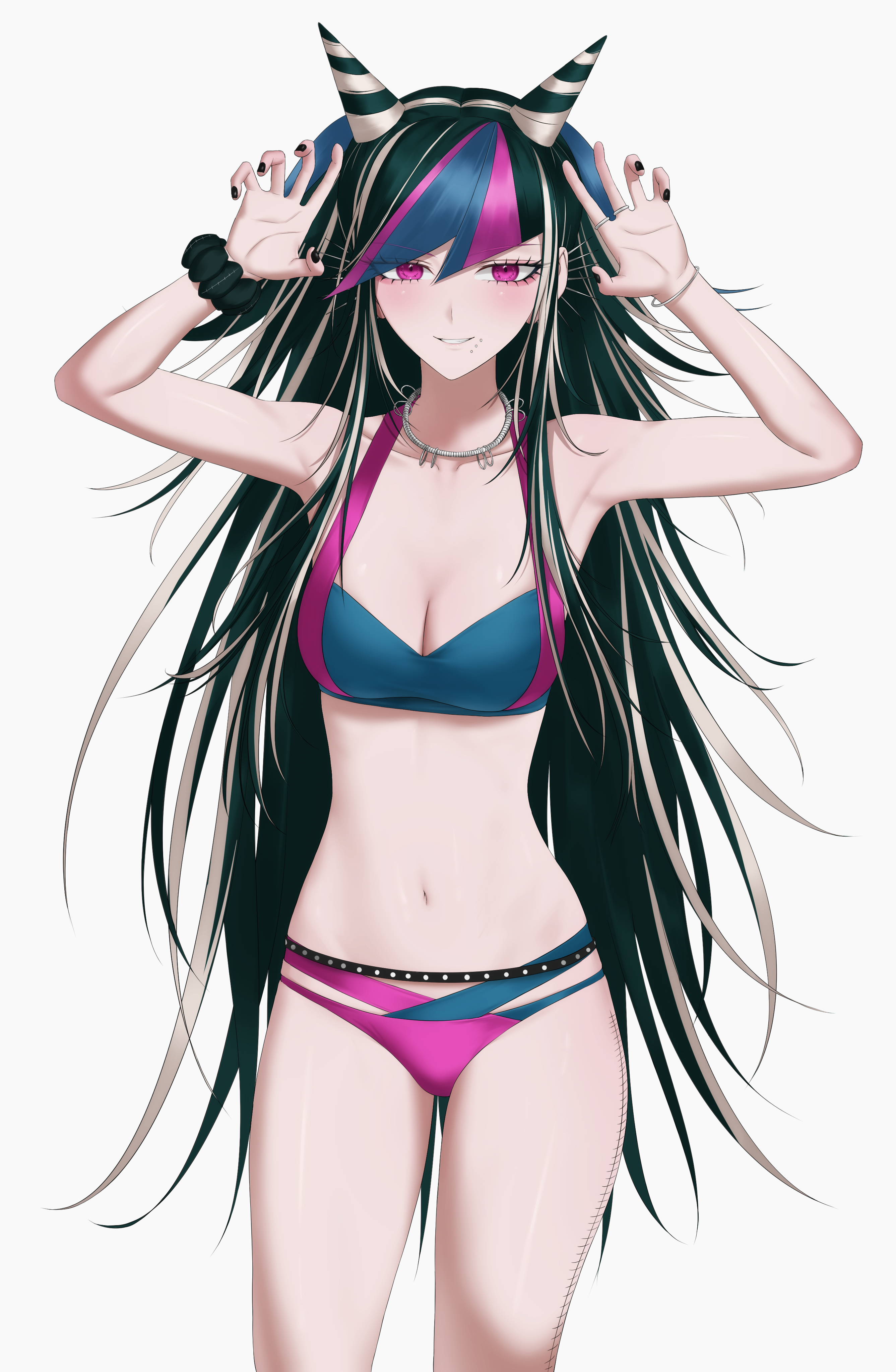 1girls, absurd res, arms up, bangs, bikini, black hair, black nails, black scrunchie, blush, breasts, claw pose, cleavage, closed mouth, danganronpa, danganronpa 2: goodbye despair, danganronpa s: ultimate summer camp, ear piercing, face piercing, female, hair horns, highres, human, jewelry, koha 2652, light-skinned female, long hair, medium breasts, mioda ibuki, mouth piercing, multicolored bikini, multicolored hair, nail polish, necklace, piercing, piercings, pink eyes, pink hair, pink swimsuit, punk, punk girl, purple bikini, purple hair, scrunchie, simple background, smile, stomach, streaked hair, swimsuit, tagme, tattoo, tattoo on leg, tattoo on thigh, two-tone bikini, white background, white hair, wrist scrunchie