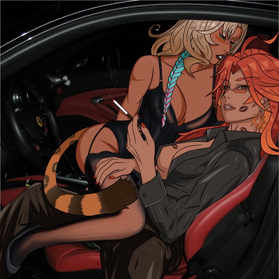 2girls, artist request, breasts, cleavage, cleavage overflow, dress, genshin impact, lesbians, lipstick mark, mavuika (genshin impact), sitting on lap, xilonen (genshin impact), yuri