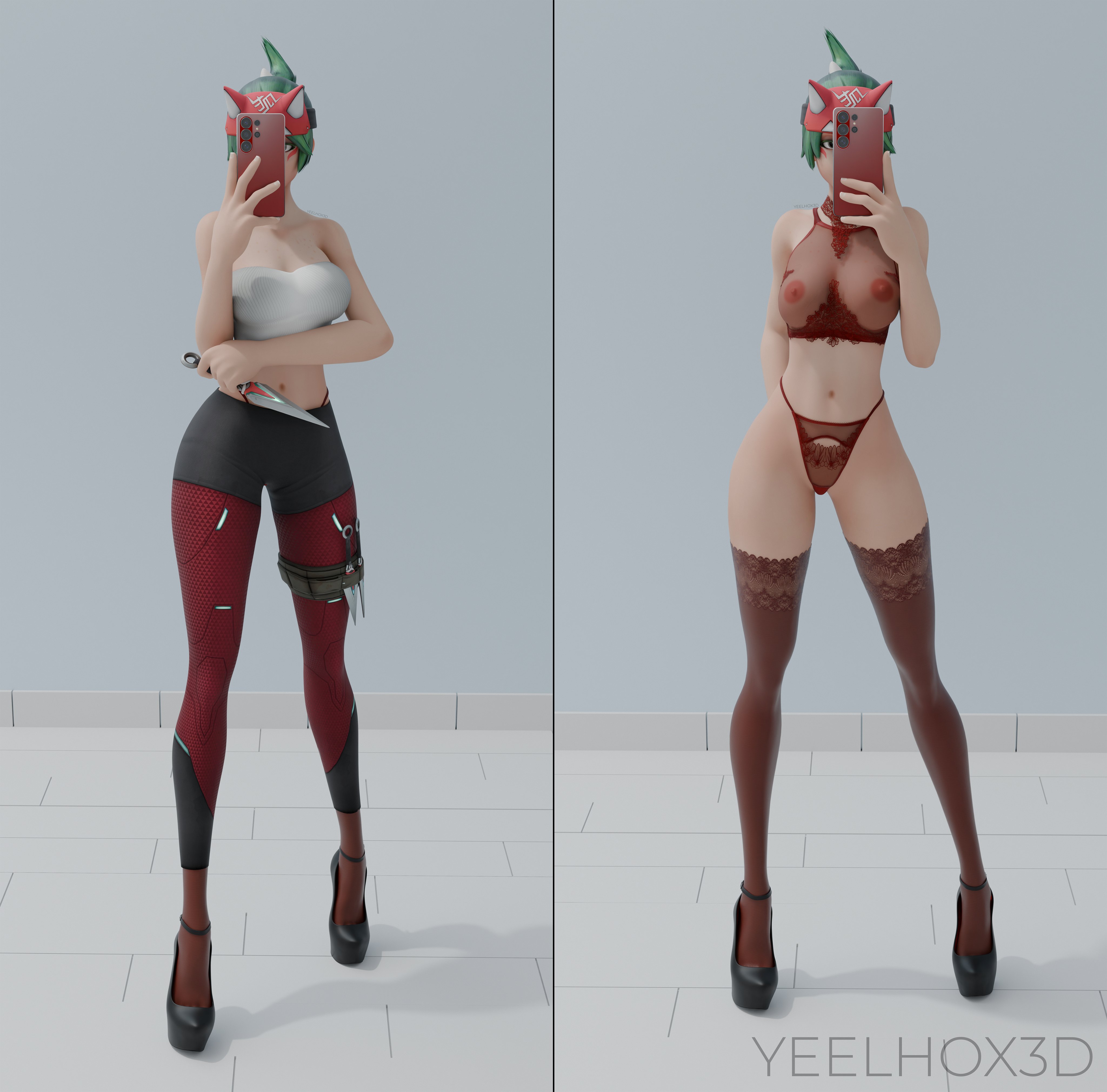 1girls, 2026, 3d, ankle strap heels, areolae, areolae visible through clothing, big breasts, breasts, brown eyes, clothed, clothed female, eyeshadow, female, female only, green eyeshadow, green hair, headband, high heels, highleg thong, horned headwear, kiriko (overwatch), kiriko kamori, lace-trimmed stockings, lace-trimmed thighhighs, lingerie, lingerie only, looking at phone, ninja headband, nipples, nipples visible through clothing, on/off, overwatch, overwatch 2, selfie, solo, stockings, thigh high stockings, thigh highs, thighhigh stockings, thighhighs, thong, thong panties, tied hair, yeelhox3d