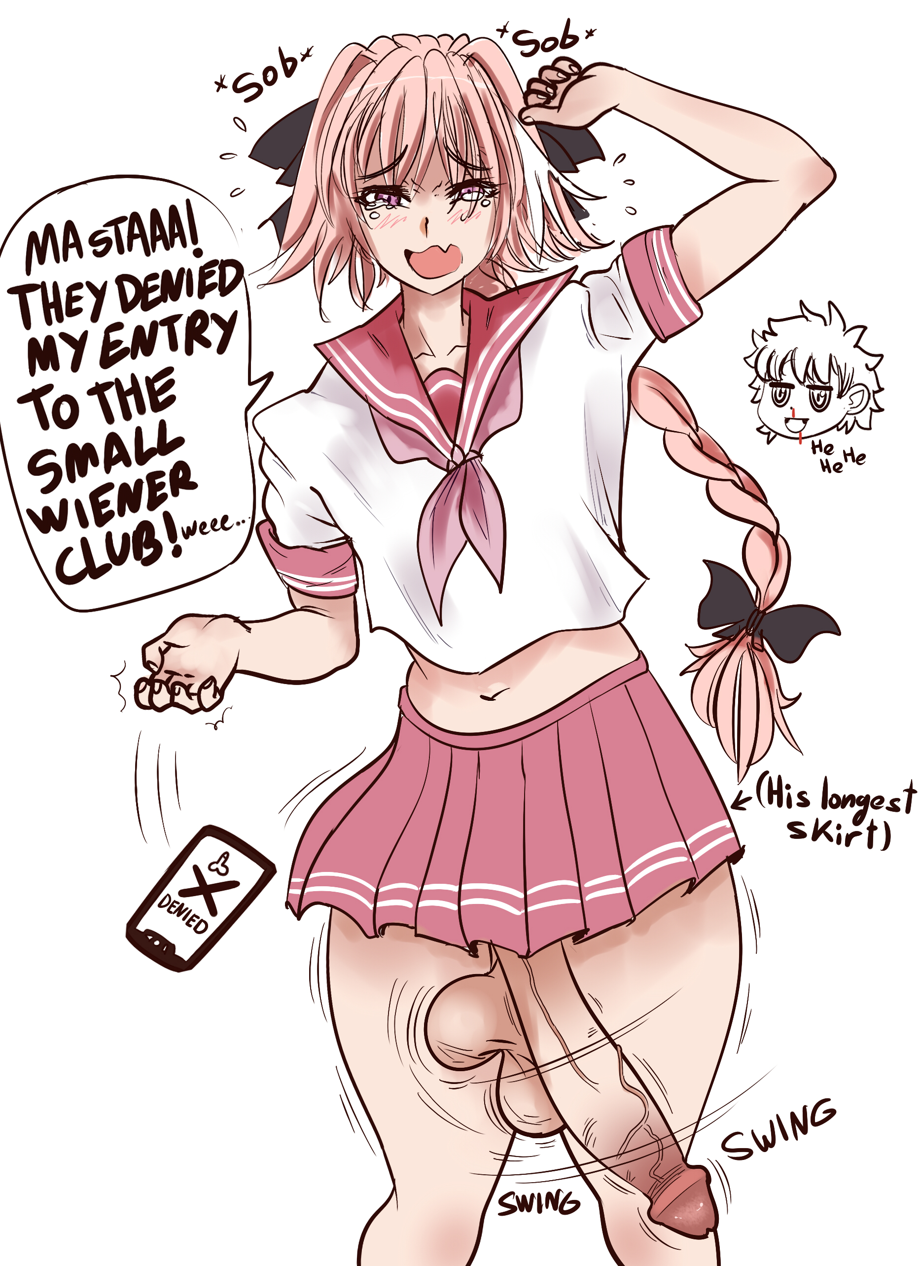 2boys, astolfo (fate), balls, big balls, big penis, blush, crying, english text, fate (series), fate/grand order, femboy, hung femboy, hung trap, hunkhanks, light skin, light-skinned femboy, light-skinned male, male, male only, nosebleed, phone, pink hair, skirt, swinging balls, swinging penis, text bubble, thick thighs, trap, white background