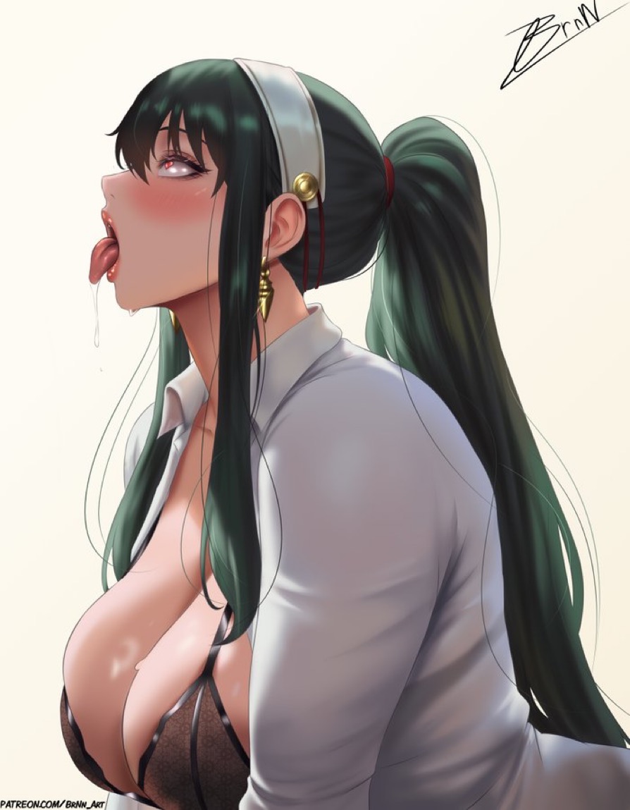1girls, 2026, 2d, 2d (artwork), absurd res, big breasts, black hair, blush, boobs, bra, breasts, brnn, cleavage, color, earrings, female, female only, hi res, highres, huge breasts, large breasts, light skin, light-skinned female, milf, ponytail, red eyes, saliva, saliva drip, saliva trail, shirt, simple background, slutty female, solo, solo female, solo focus, spy x family, tits, tongue, tongue out, twitter username, white background, wife, yor briar, yor forger