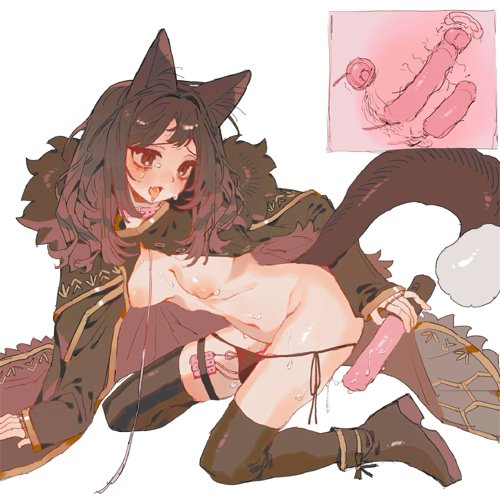 :3, 1girl, animal collar, black cape, black feather boa, black hair, black panties, black shoes, black tail, black thighhighs, blush, bngb love, breasts, brown eyes, cape, cat tail, chinese commentary, collar, commentary request, double-parted bangs, fang, feather boa, from side, hand on ground, highres, hip bones, holding, holding sex toy, jewelry, kemonomimi mode, kneeling, large tail, library of ruina, long hair, long sleeves, looking back, loose hair strand, masturbation, multiple rings, navel, nipples, open mouth, panties, pink collar, project moon, pussy juice, raised inner eyebrows, ribs, ring, saliva, sex toy, shoes, side-tie panties, sidelocks, silver ring, simple background, small breasts, solo, stomach, sweat, tail, tearing up, thigh strap, thighhighs, thighs, thong, tongue, tongue out, two-tone tail, underwear, uterus, vibrator, white background, white tail, x-ray, zena (library of ruina), zena (project moon)