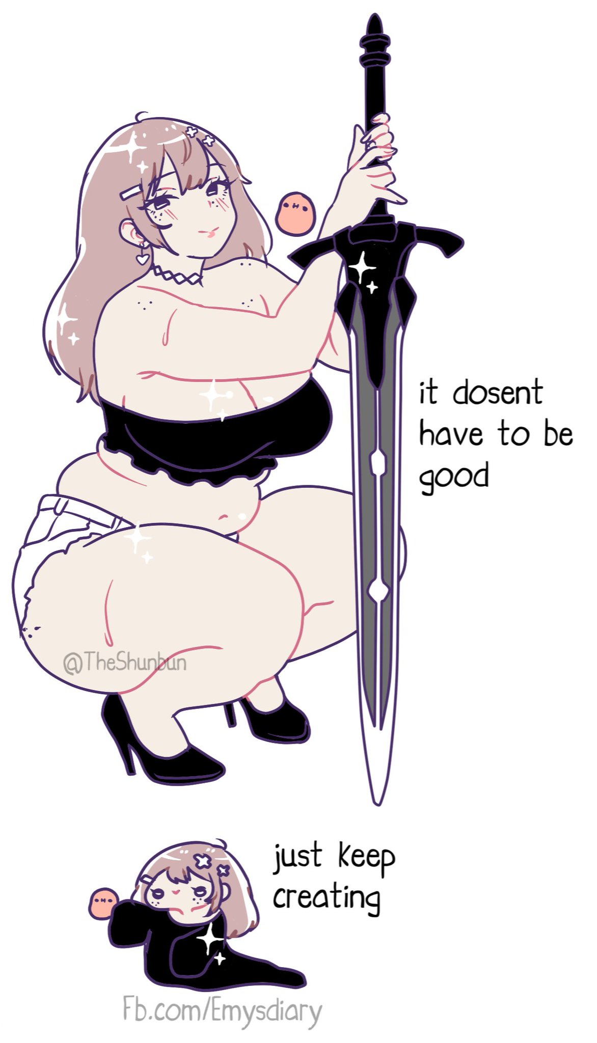 1girls, advice, bandeau, bbw, big beautiful woman, big breasts, booty shorts, brown hair, chibi, choker, chubby, chubby belly, chubby female, cleavage, crouched, curvaceous, curvy, curvy figure, dark souls, earrings, emotional support, encouragement, encouraging viewer, female focus, female only, freckles, freckles on ass, freckles on face, full body, greatsword, hairclip, heels, high heels, holding weapon, kawaii potato, large breasts, light-skinned female, looking at viewer, midriff, motivational, muffin top, oversized shirt, plump, plus size, russet (theshunbun), shirt, short shorts, shorts, slightly chubby, slightly chubby female, sparkles, squatting, stomach, strapless top, sword, tagme, theshunbun, thick legs, thick thighs, tube top, tubetop, tummy, weapon, wholesome, wholesome end
